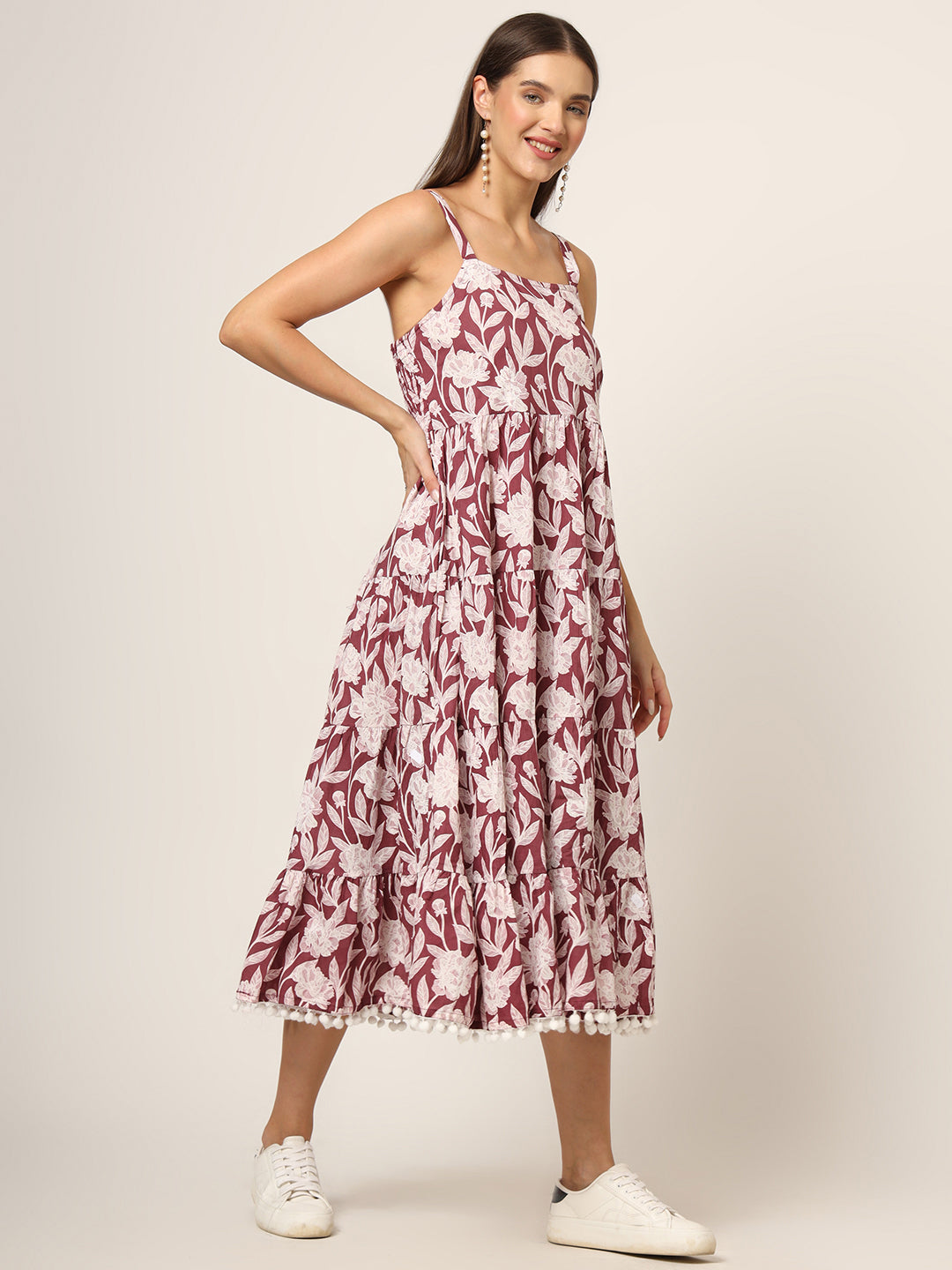 Burgundy Printed Cotton Fabric Fit & Flare Dress