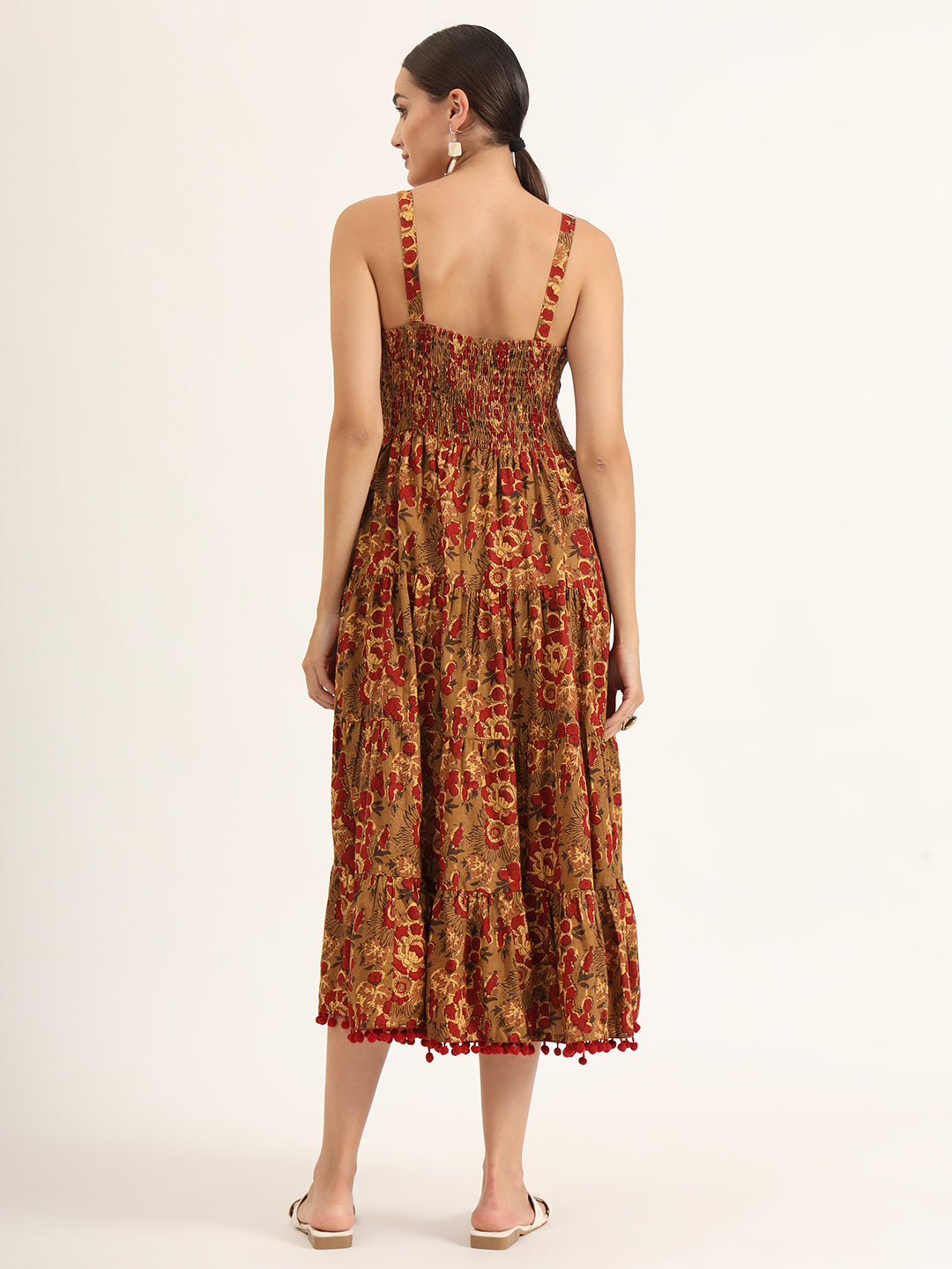 Brown Floral Print Pure Cotton Fit & Flare Dress
