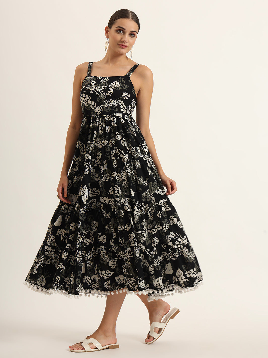 Black Floral Print Pure Cotton Fit & Flare Dress