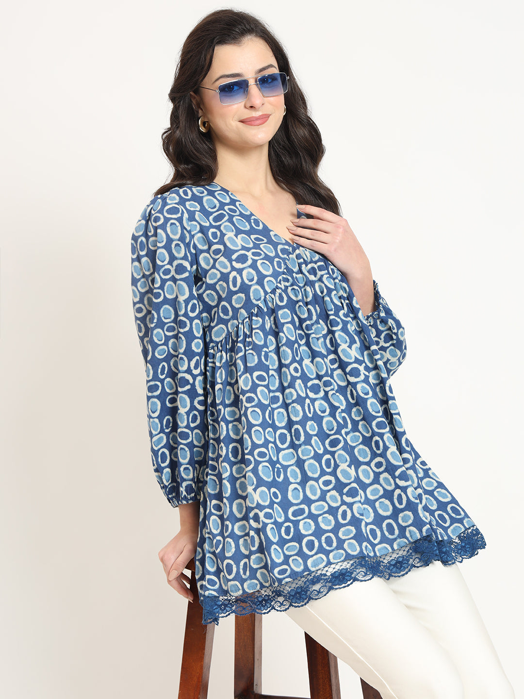 Blue Cotton V-Neck Top