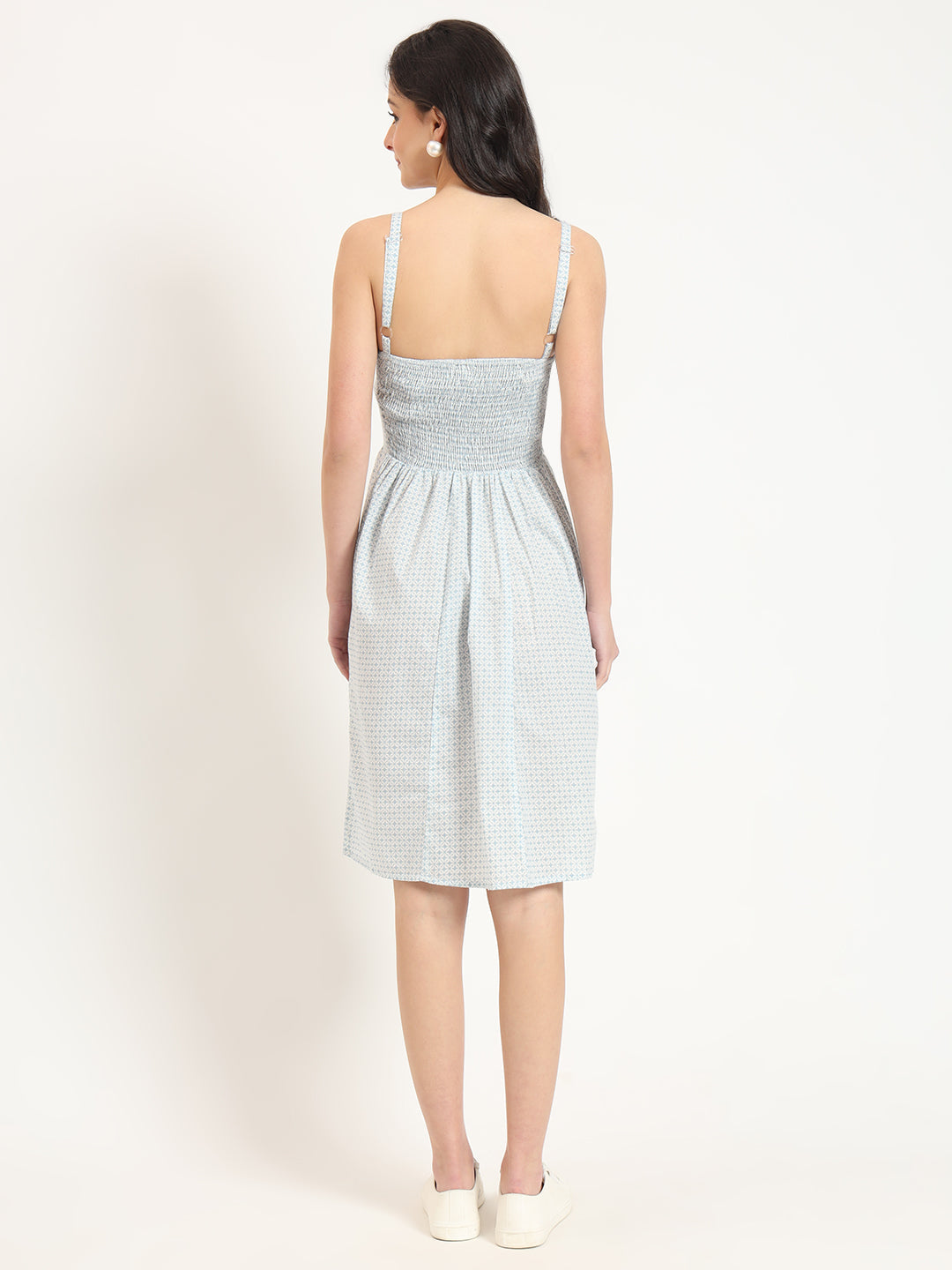 Blue Ethnic Motif Shoulder Strip Dress