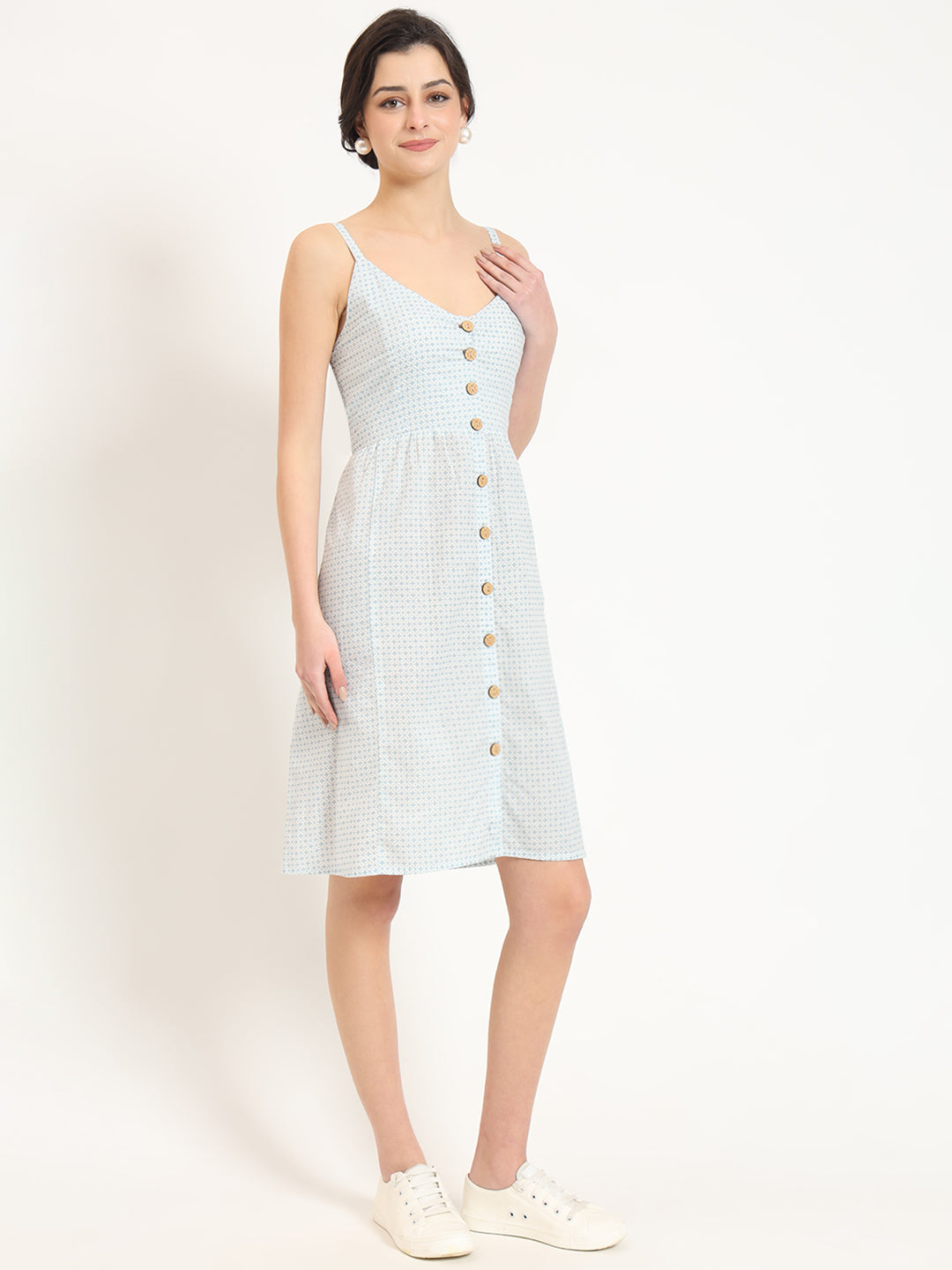 Blue Ethnic Motif Shoulder Strip Dress