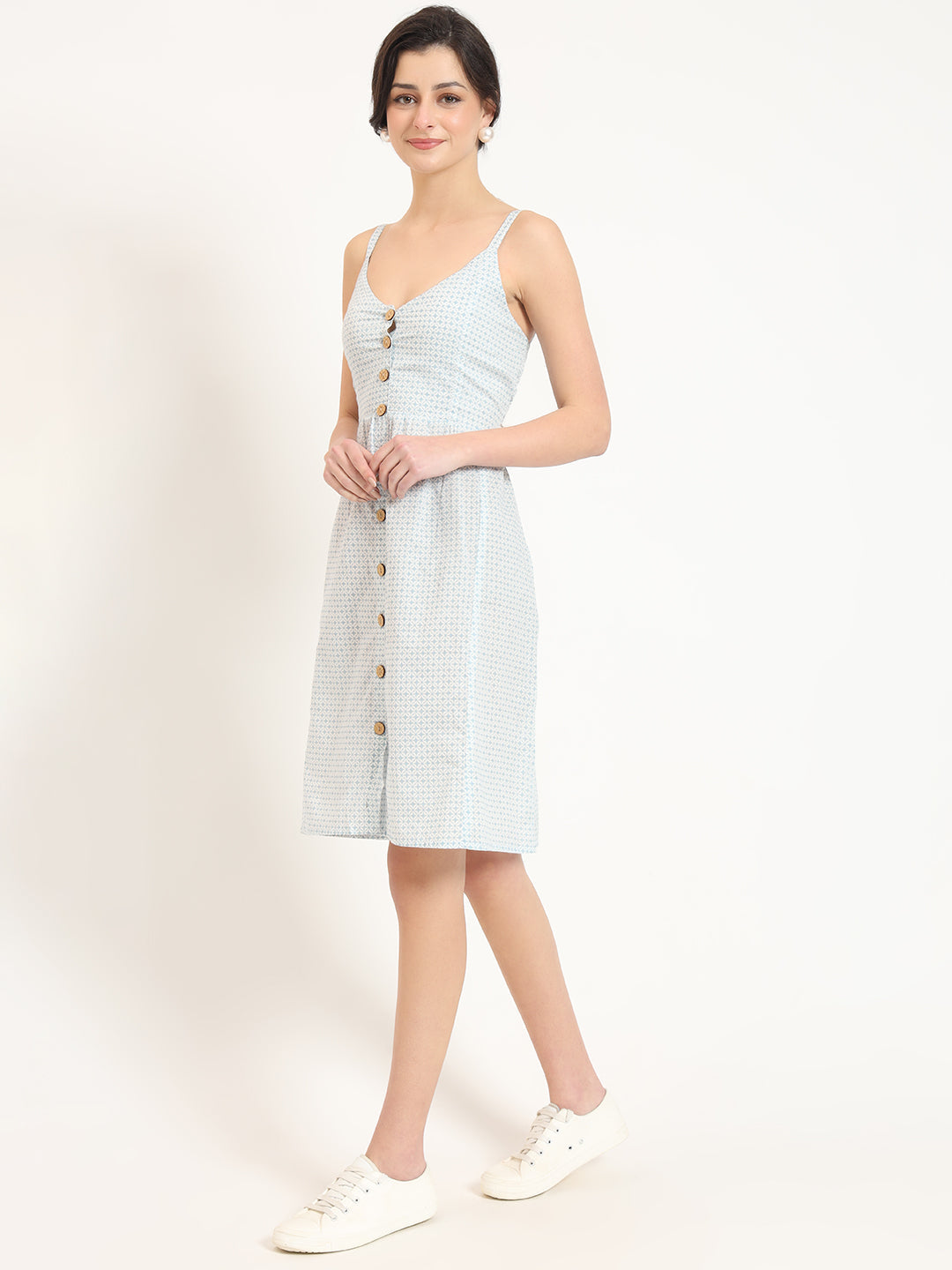 Blue Ethnic Motif Shoulder Strip Dress