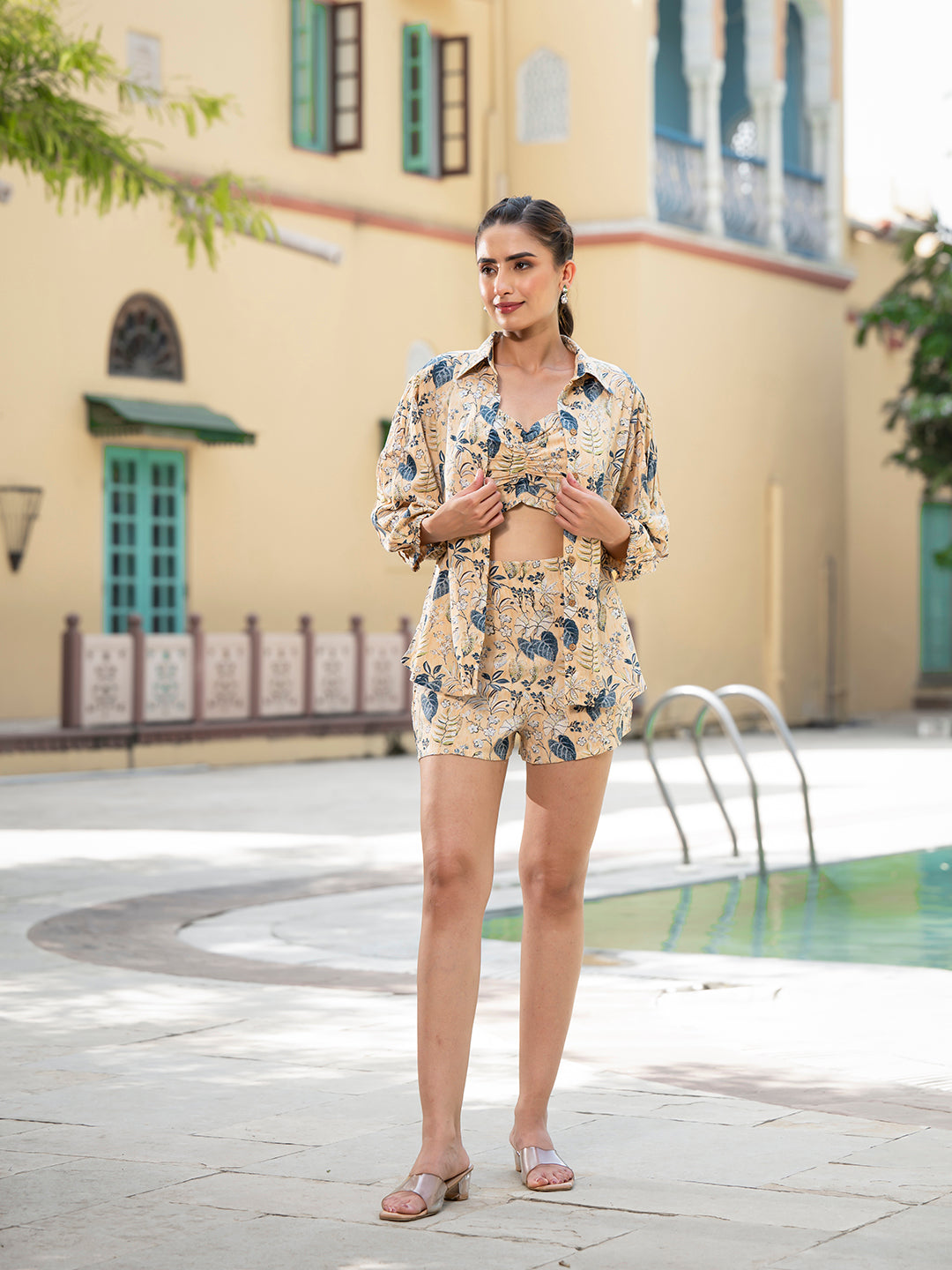 Yellow Floral Print Rayon Fabric Shirts Shorts With Crop Top three Piece set