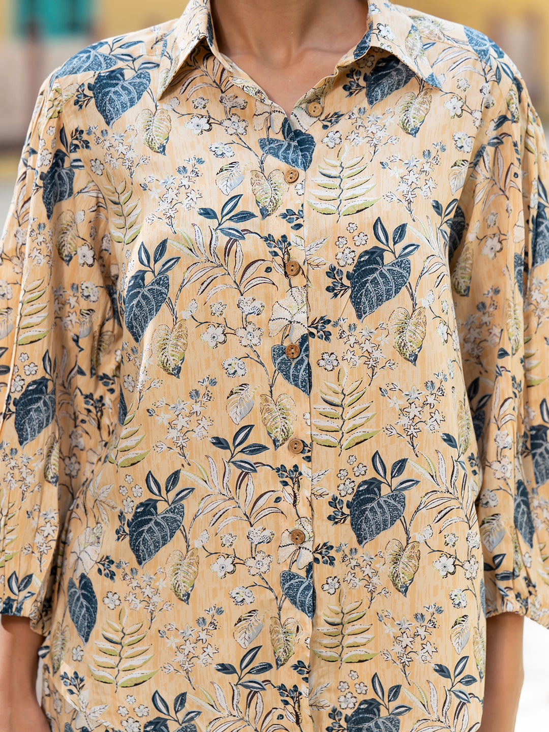 Yellow Floral Print Rayon Fabric Shirts Shorts With Crop Top three Piece set