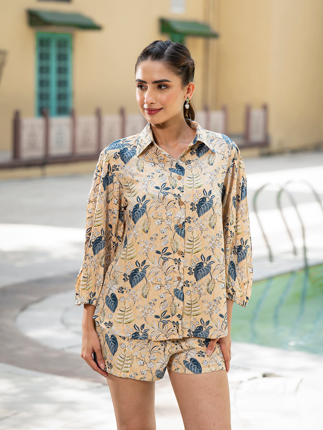Yellow Floral Print Rayon Fabric Shirts Shorts With Crop Top three Piece set