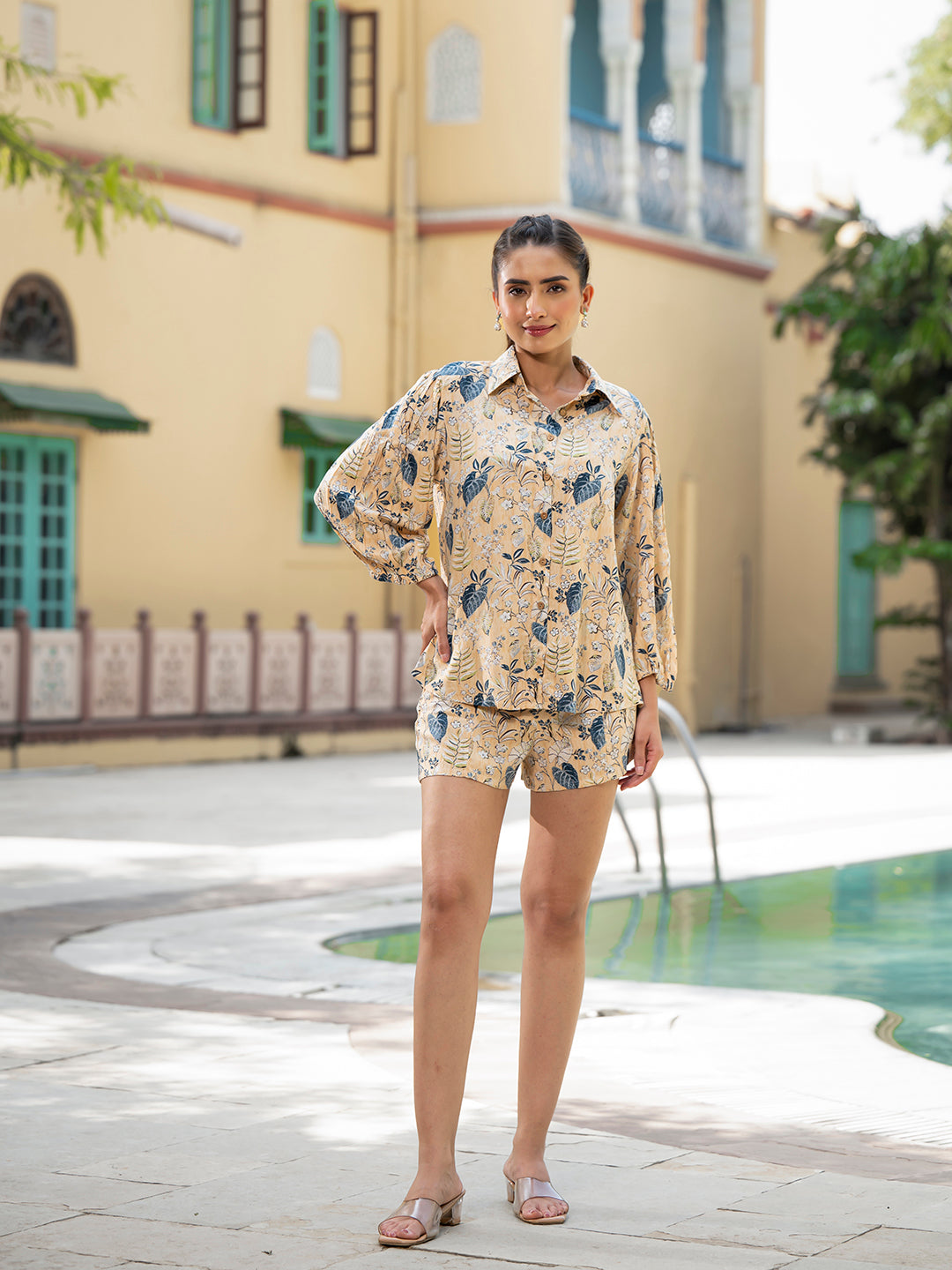 Yellow Floral Print Rayon Fabric Shirts Shorts With Crop Top three Piece set
