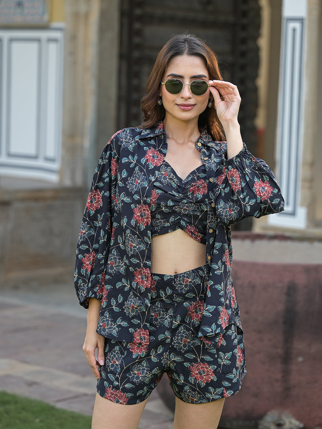 Dark Blue Floral Print Rayon Fabric Shirts Shorts With Crop Top three Piece set