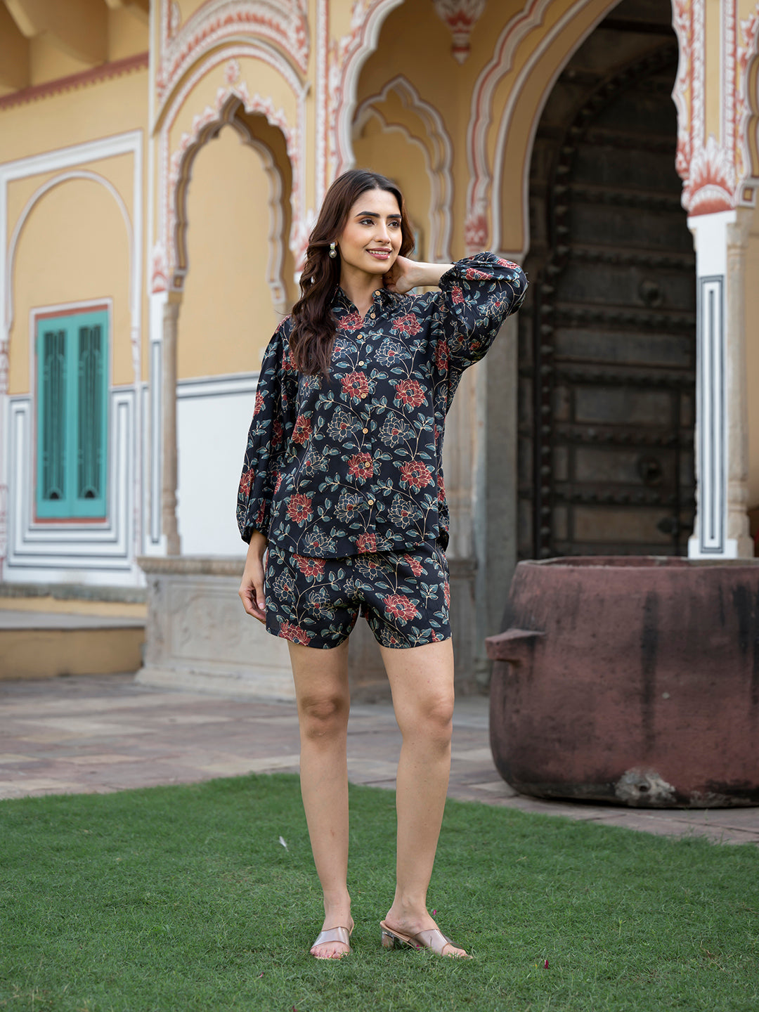 Dark Blue Floral Print Rayon Fabric Shirts Shorts With Crop Top three Piece set