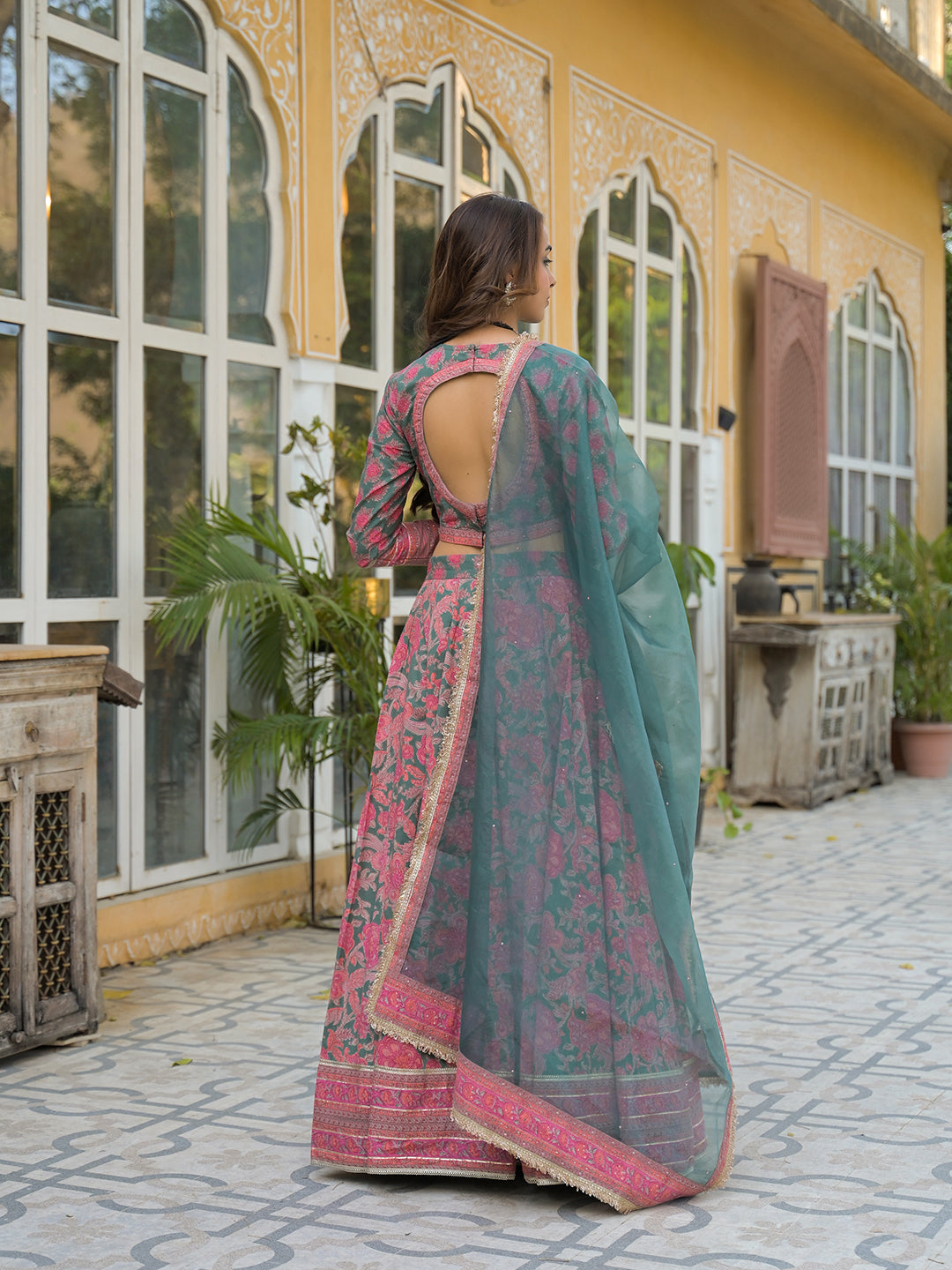 Green Printed Cotton Lehenga with Choli and Dupatta