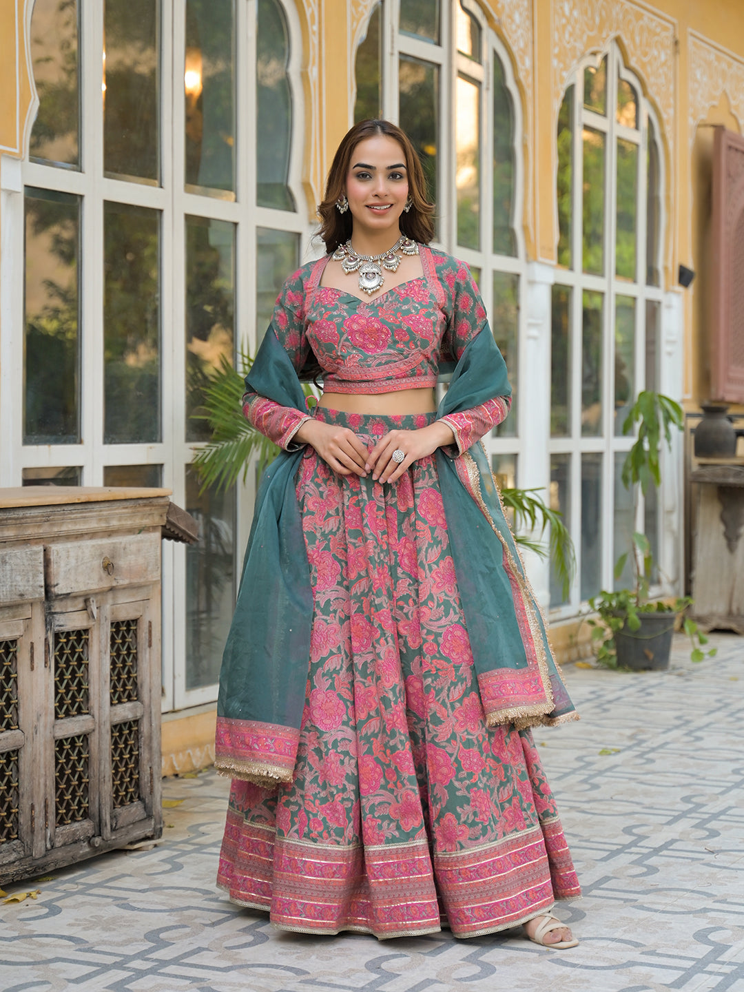 Green Printed Cotton Lehenga with Choli and Dupatta
