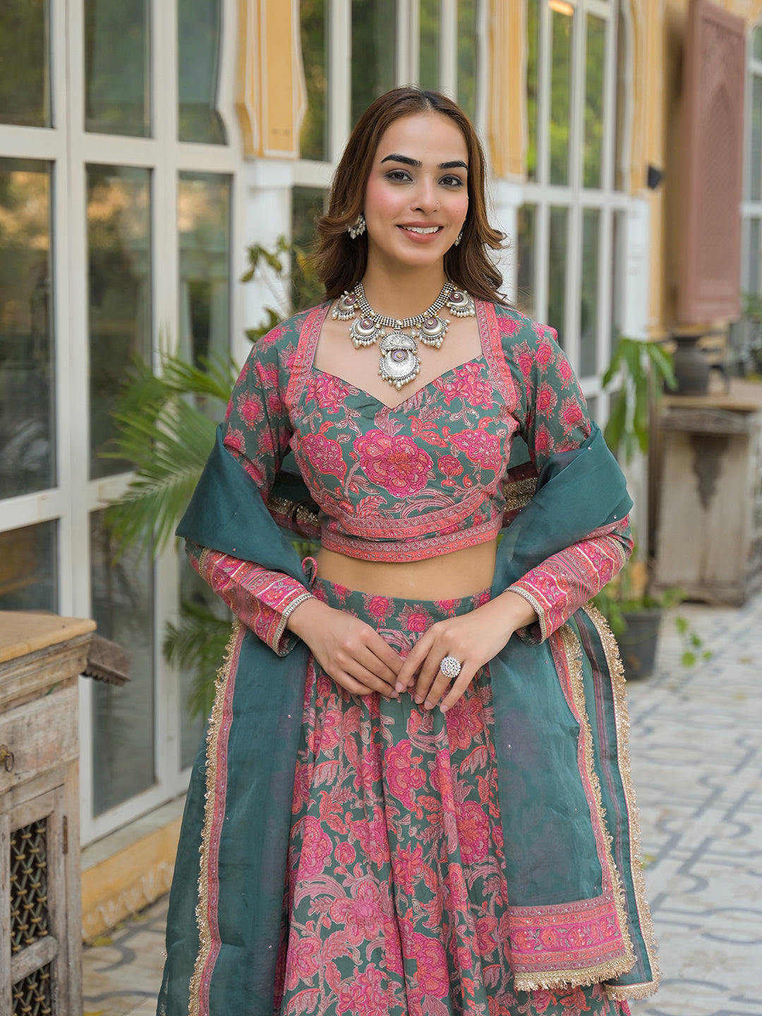 Green Printed Cotton Lehenga with Choli and Dupatta
