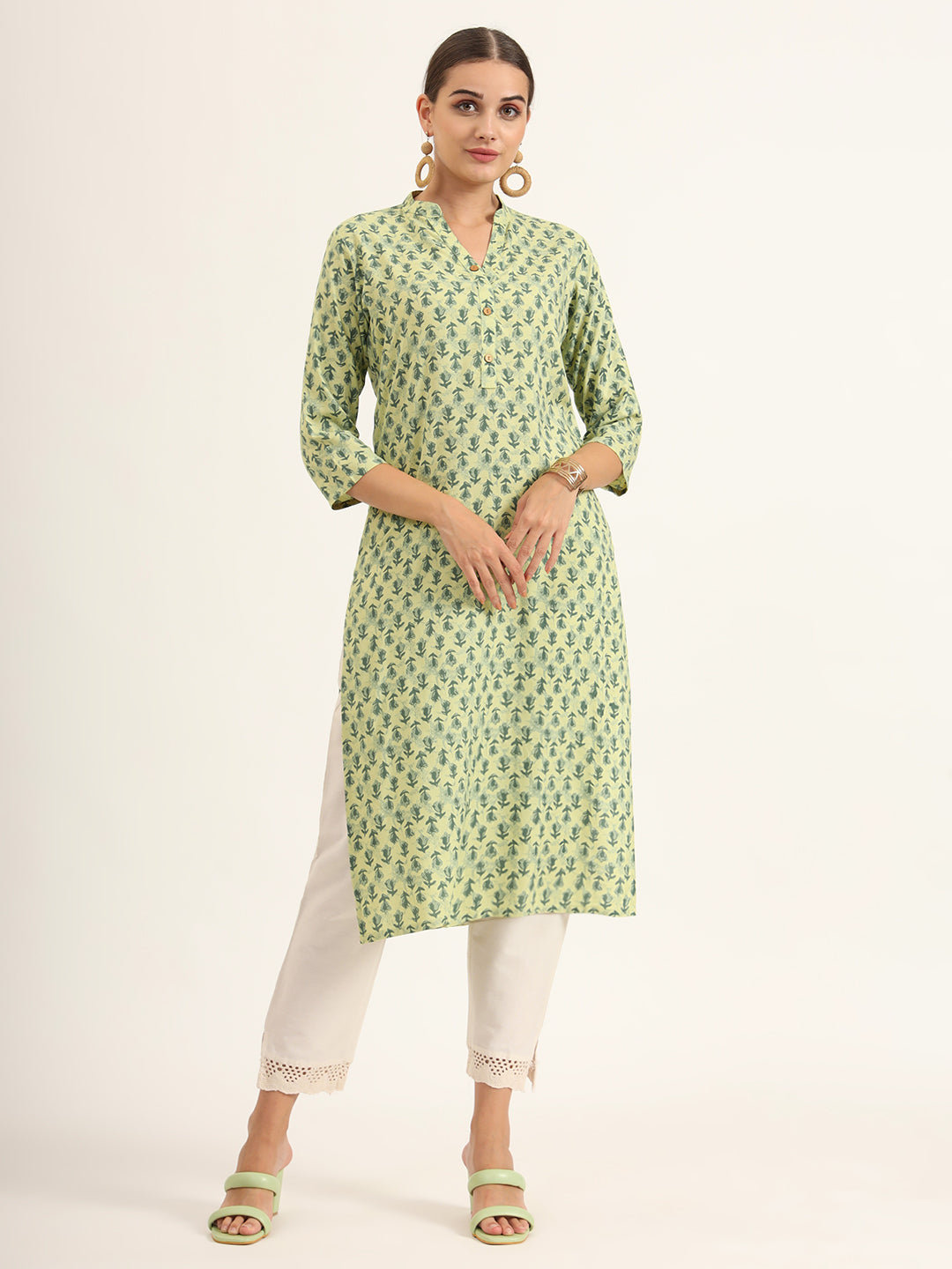 Green Floral Print Pure Cotton Straight Kurta