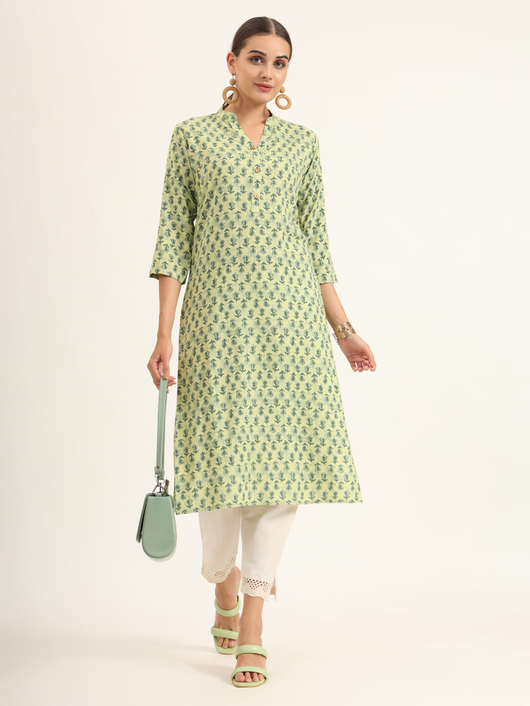 Green Floral Print Pure Cotton Straight Kurta