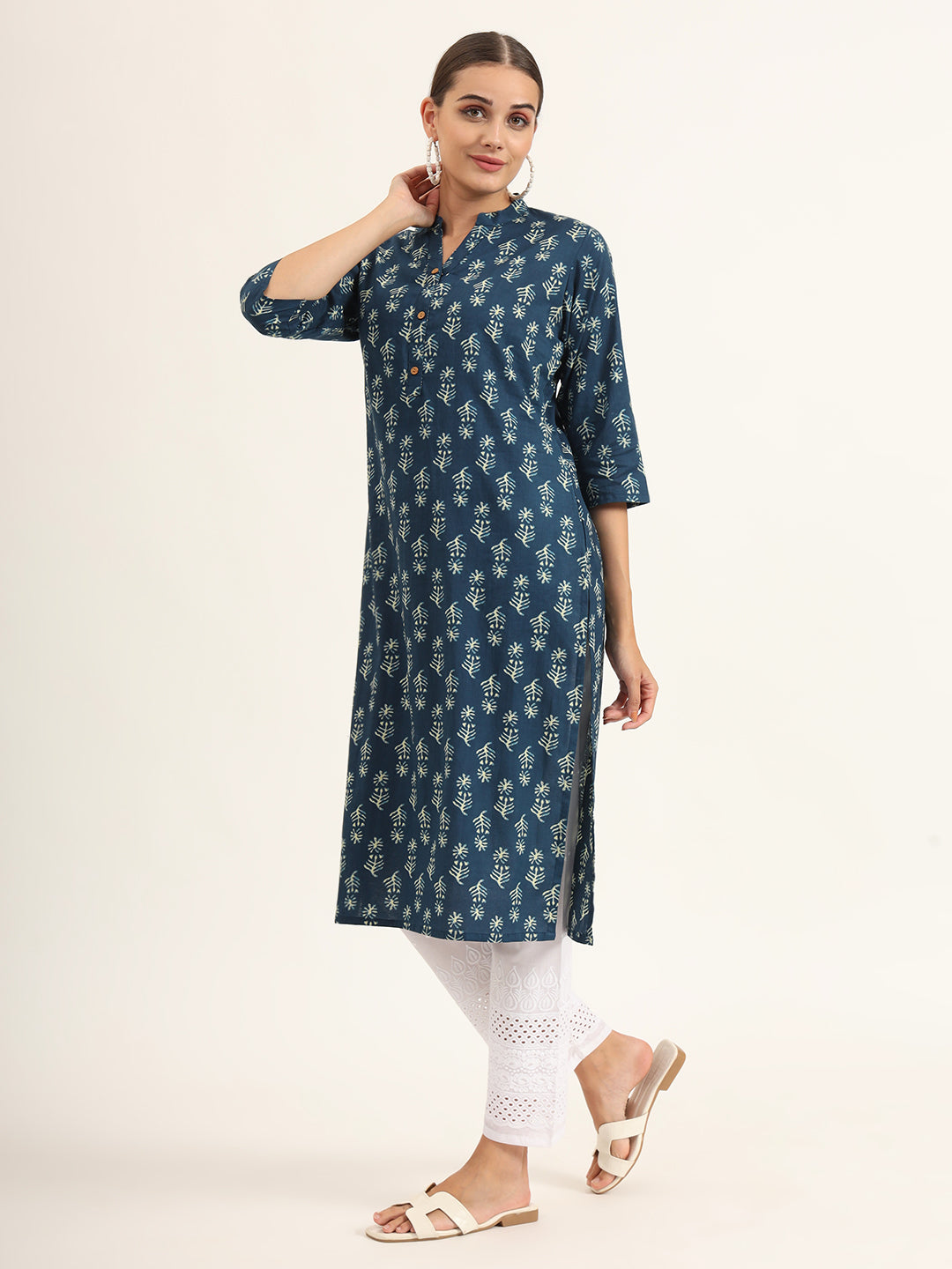 Blue Floral Print Pure Cotton Straight Kurta