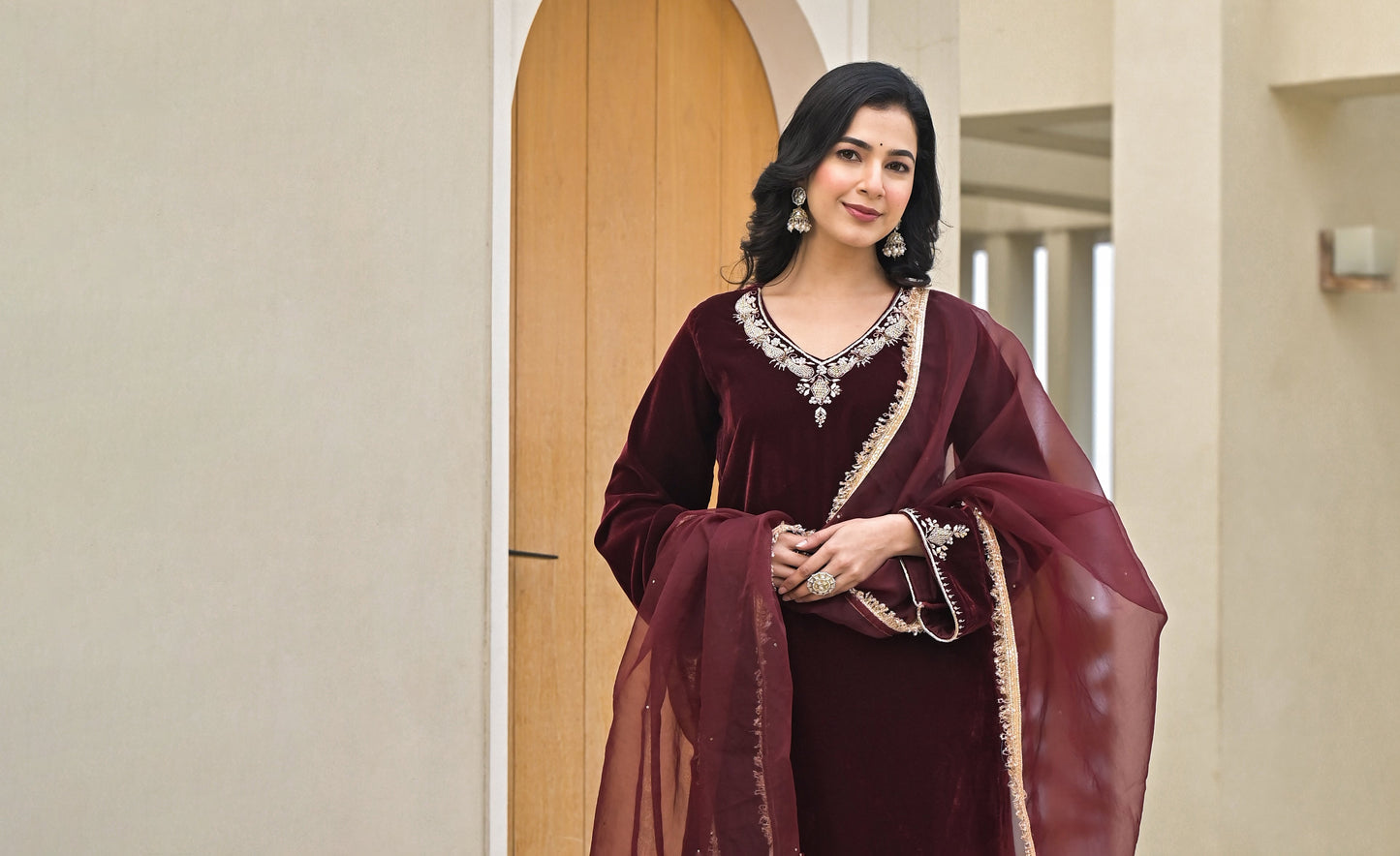 Embroidered Maroon Velvet Kurta Pant Dupatta Set for Women
