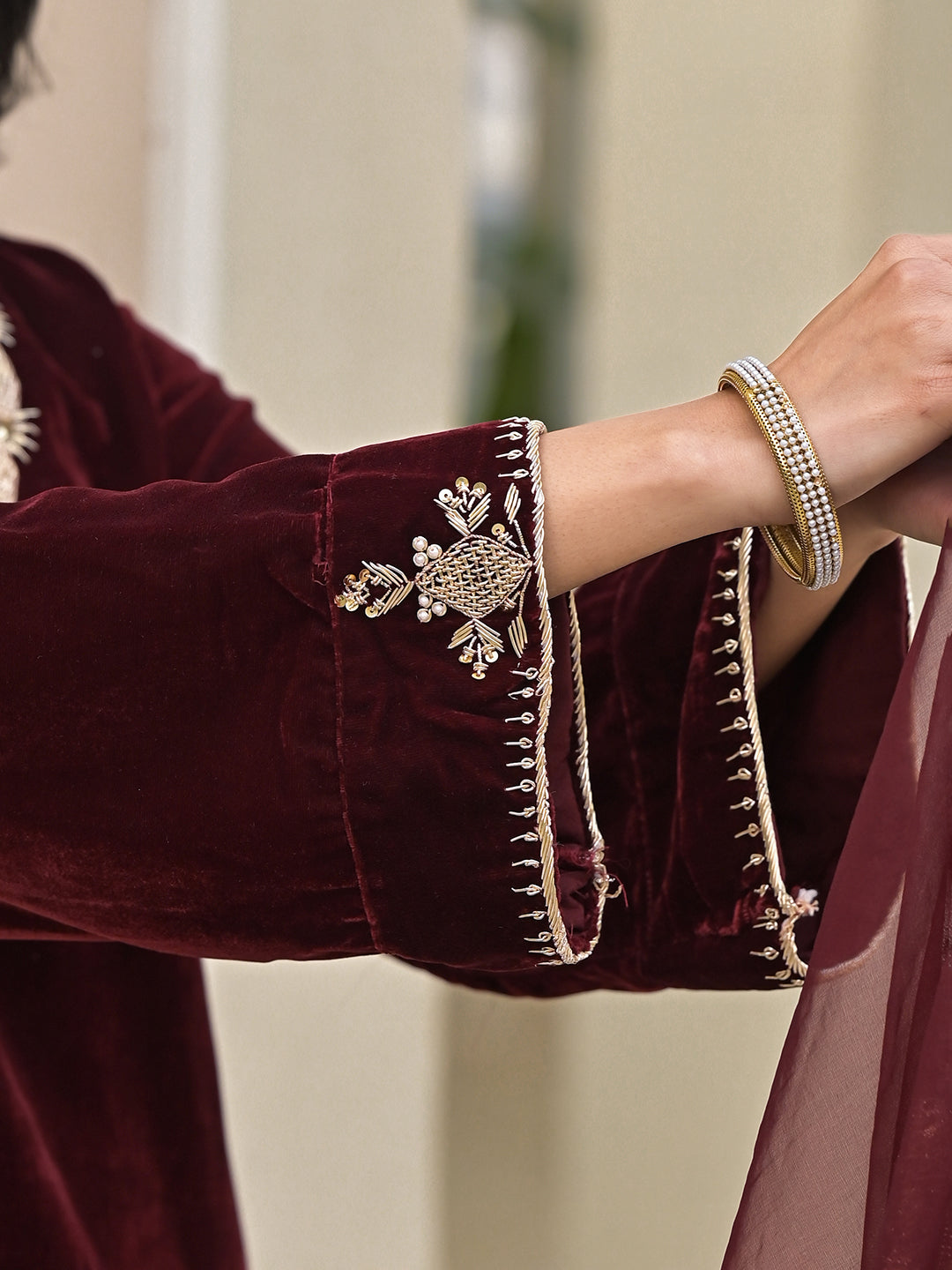 Embroidered Maroon Velvet Kurta Pant Dupatta Set for Women