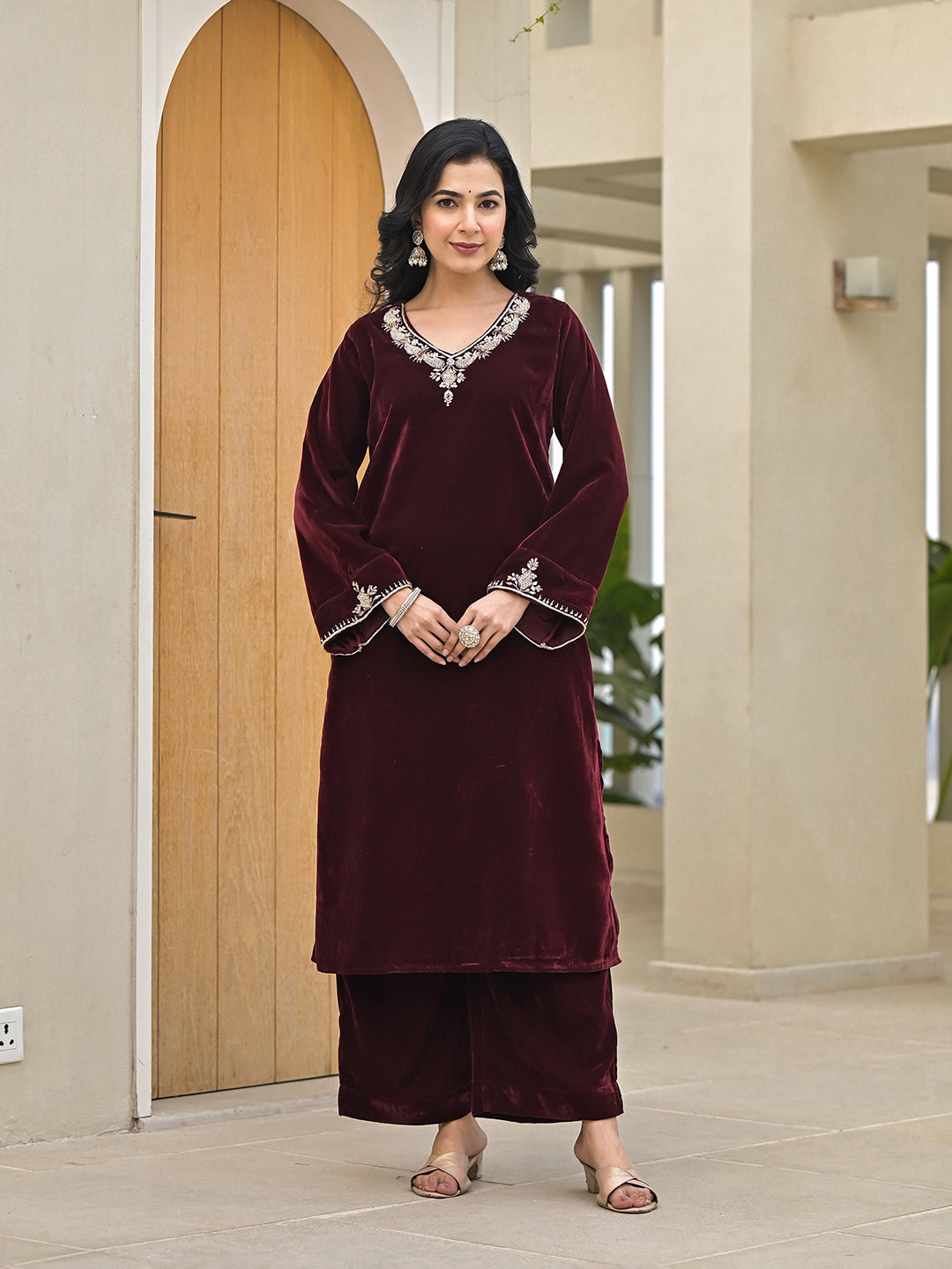 Embroidered Maroon Velvet Kurta Pant Dupatta Set for Women