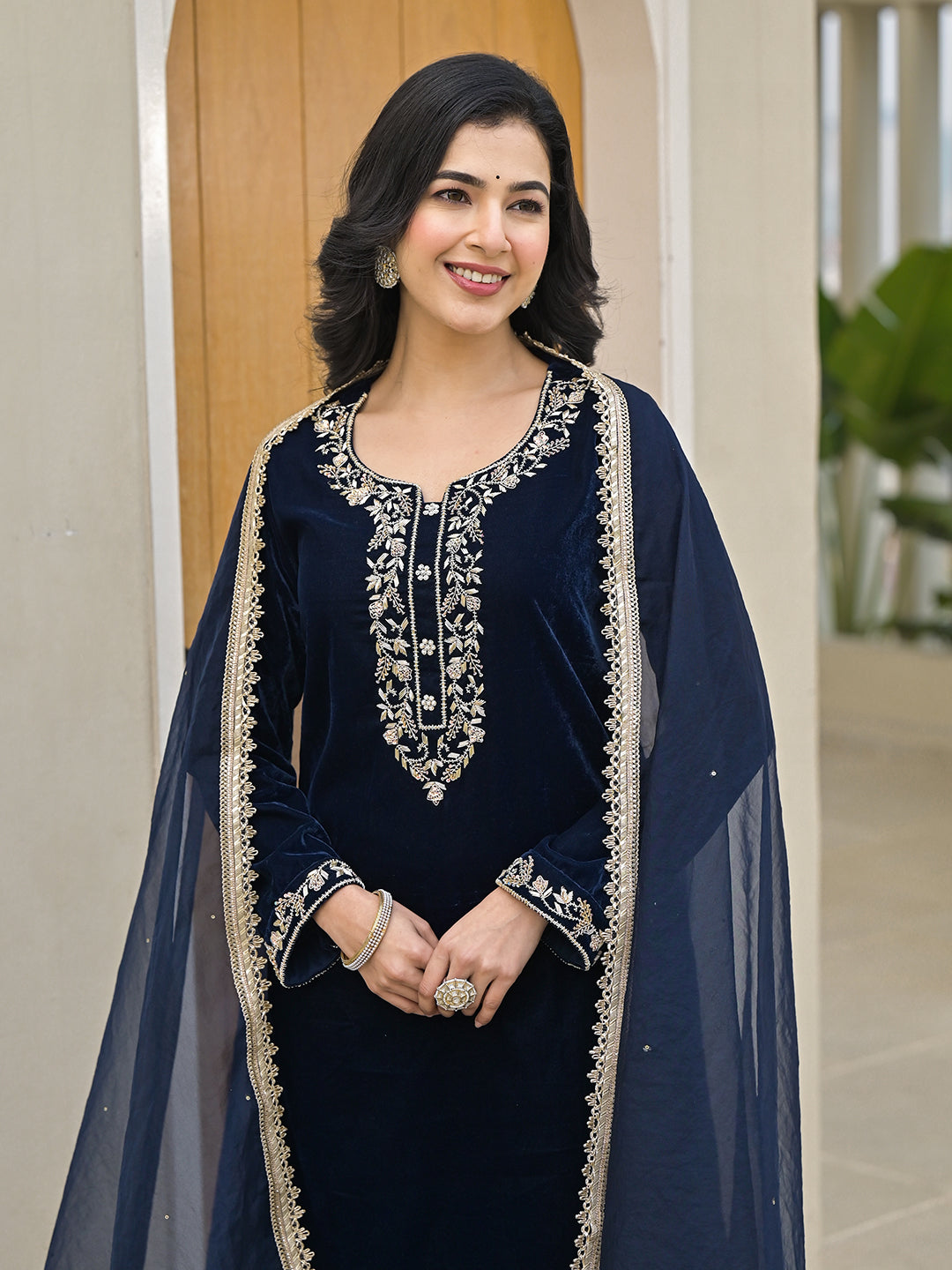 Embroidered Blue Velvet Kurta Pant Dupatta Set for Women
