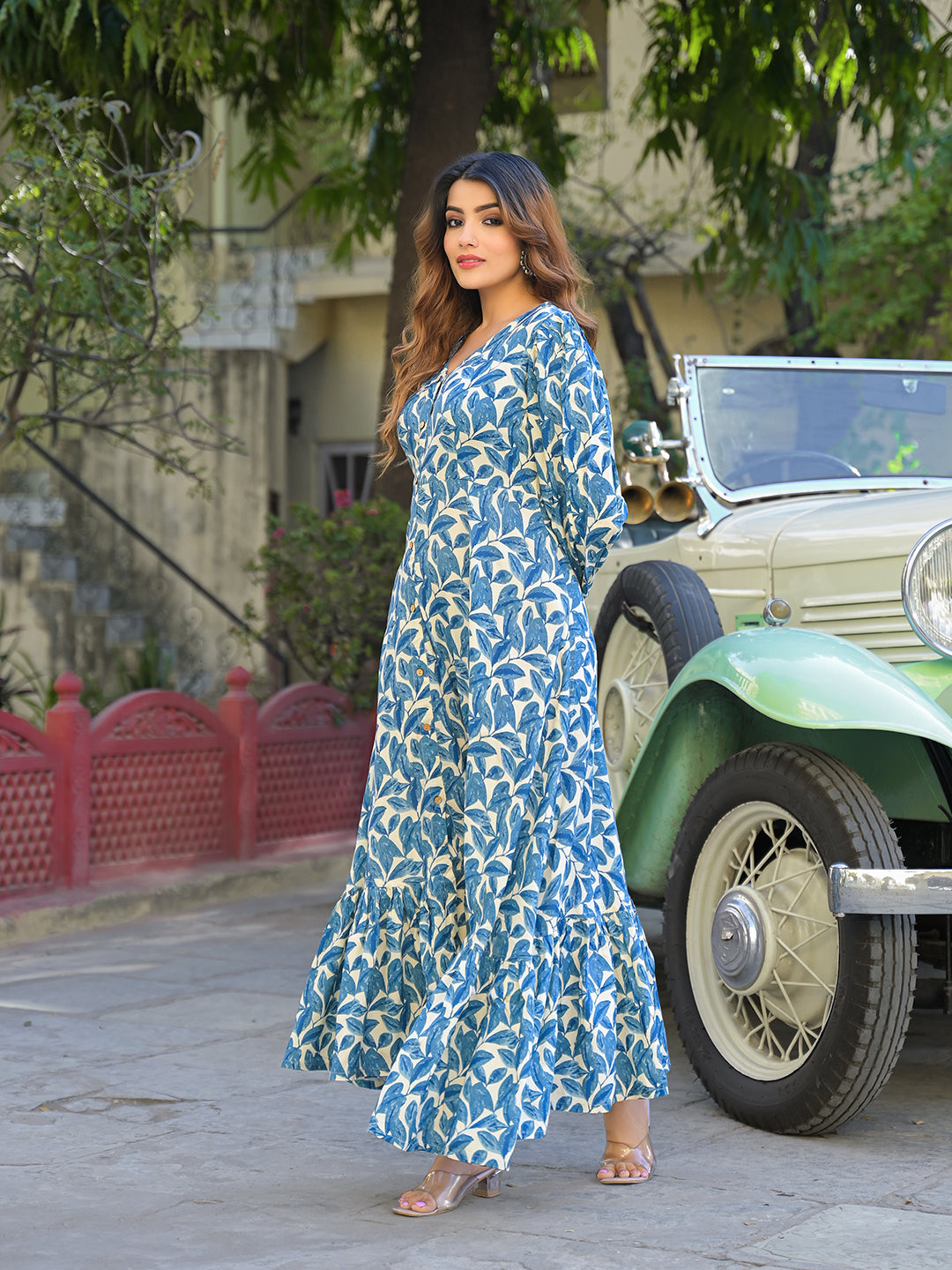 Blue Floral Print Rayon Fabric Flared Long Dress
