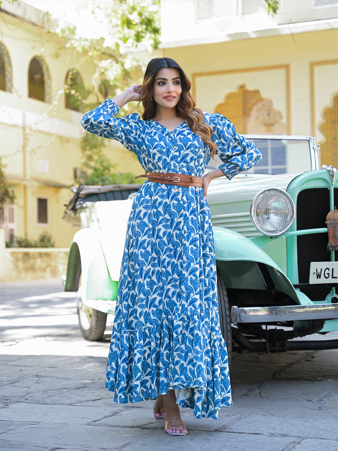 Blue Floral Print Rayon Fabric Flared Long Dress