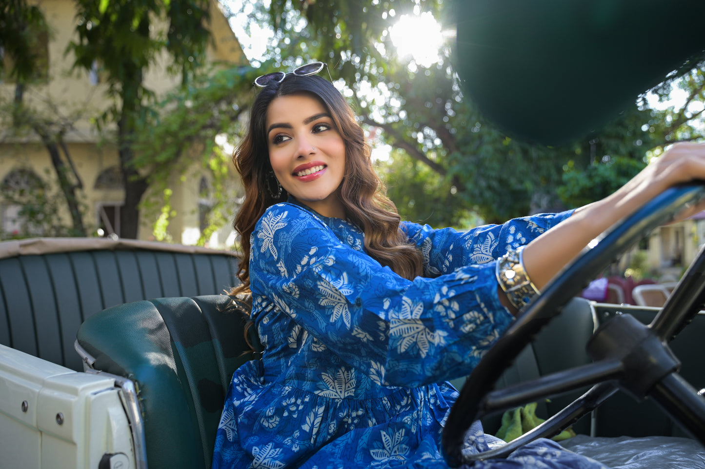 Blue Floral Print Cotton Fabric Flared Dress