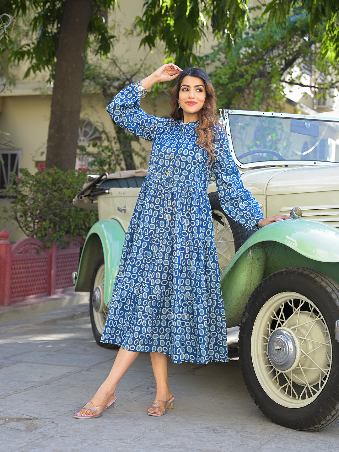 Blue Floral Print Cotton Fabric Fit Flared Dress