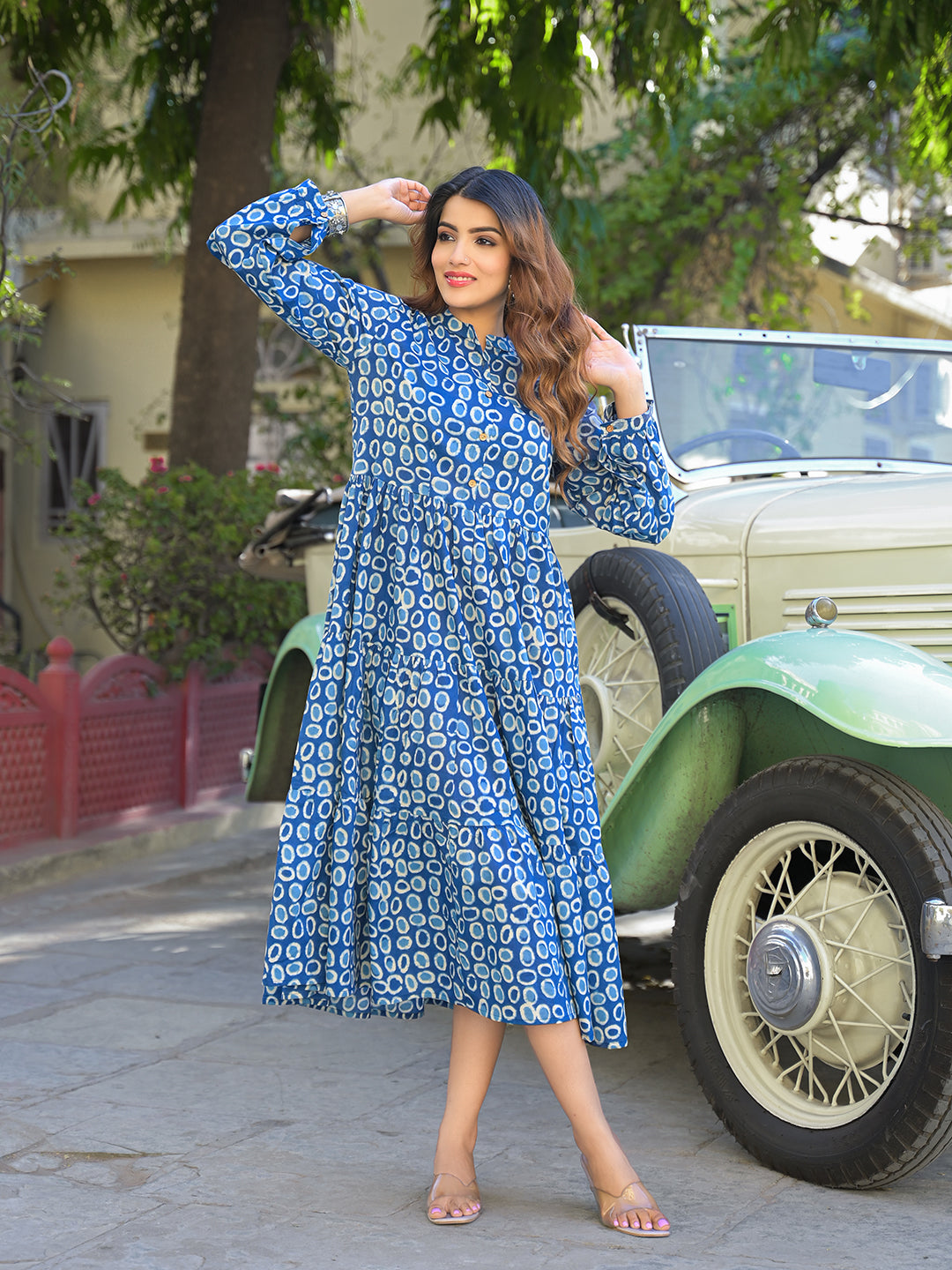 Blue Floral Print Cotton Fabric Fit Flared Dress