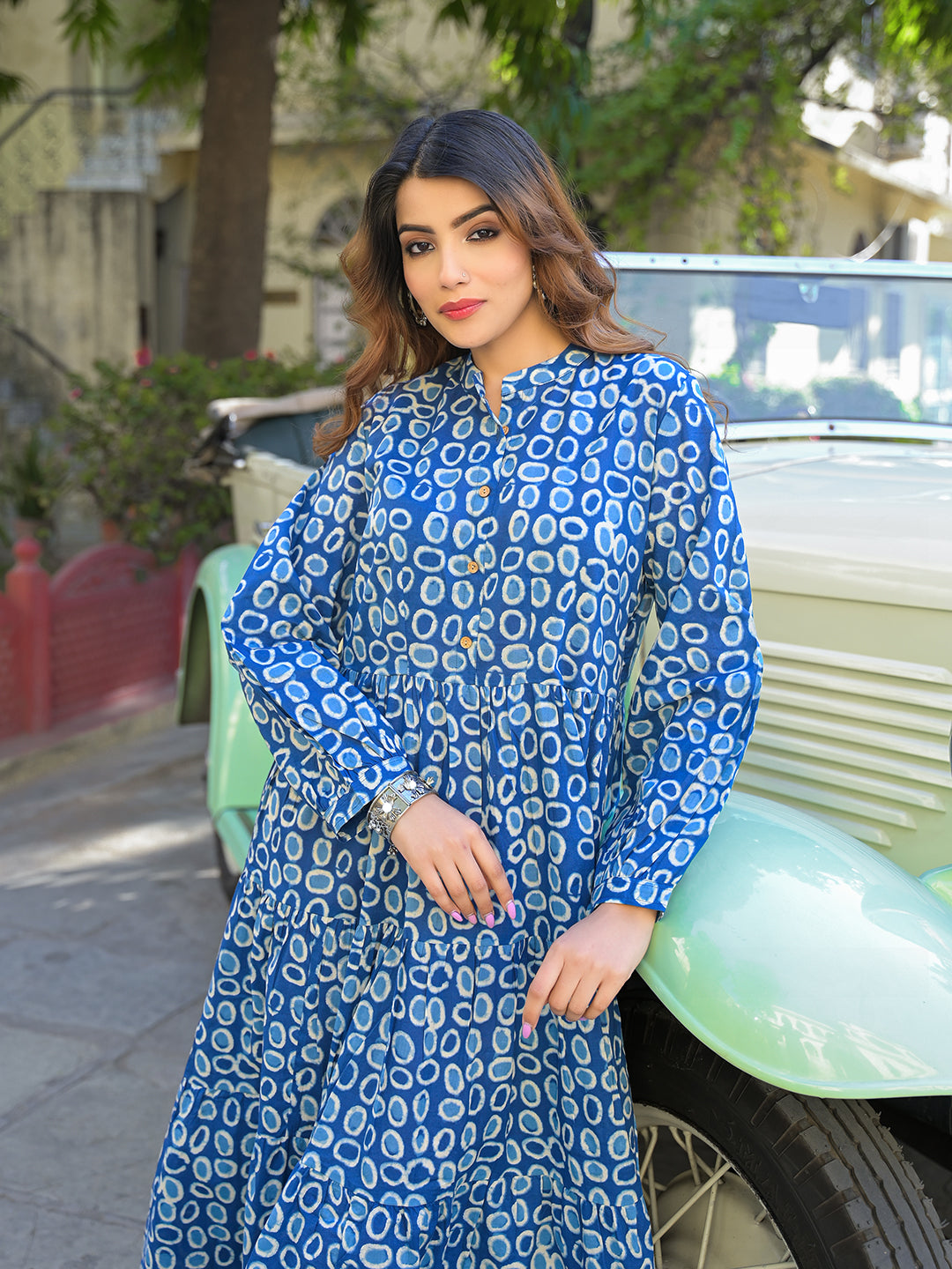 Blue Floral Print Cotton Fabric Fit Flared Dress