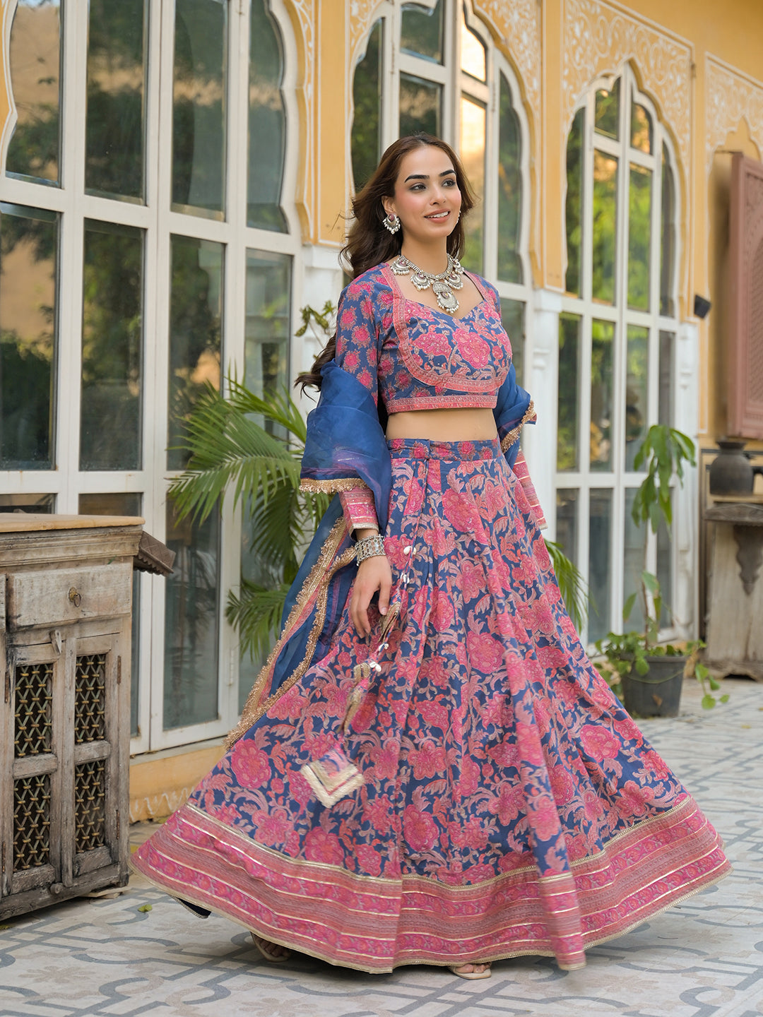 Blue Printed Cotton Lehenga with Choli and Dupatta