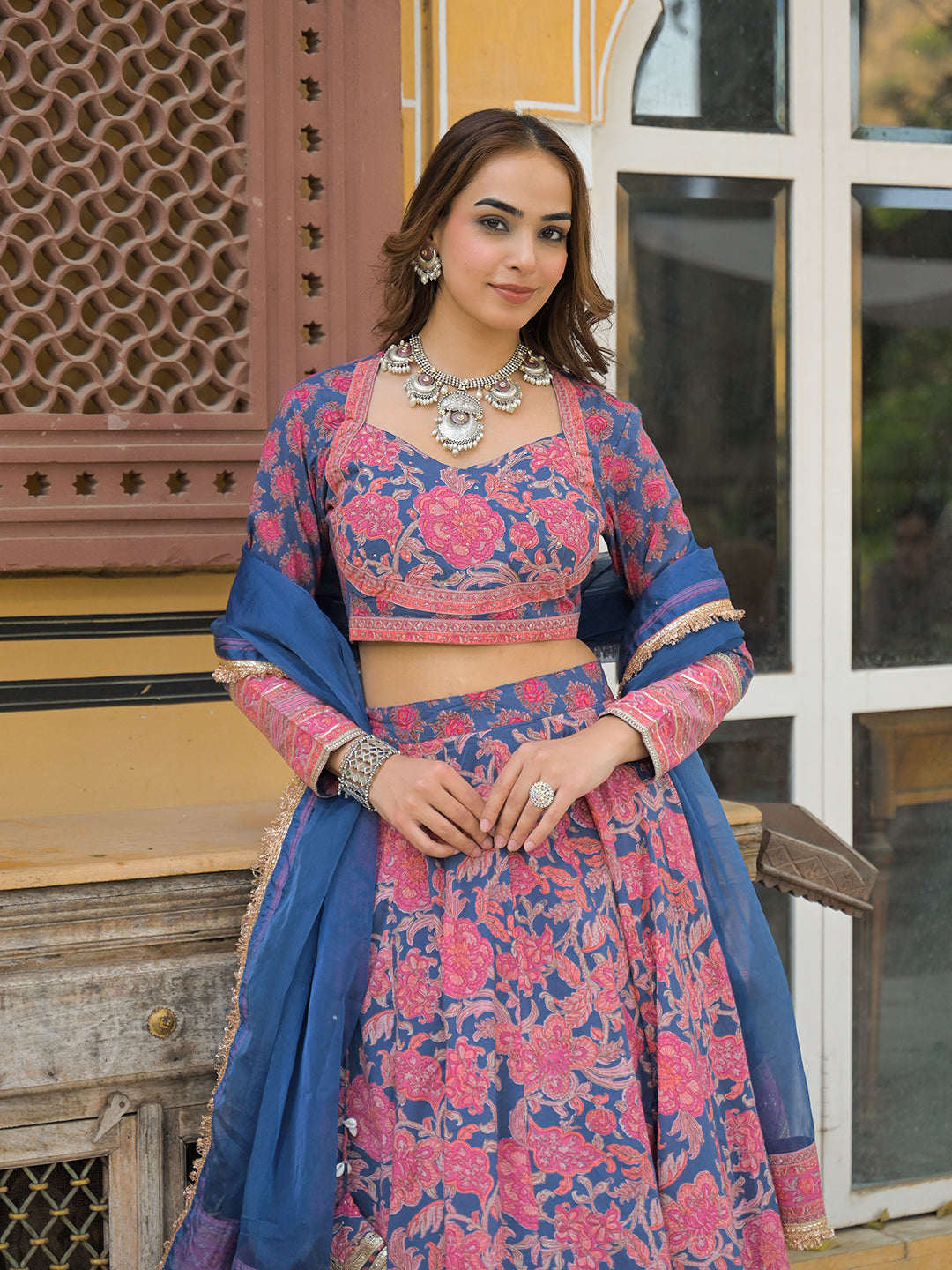 Blue Printed Cotton Lehenga with Choli and Dupatta