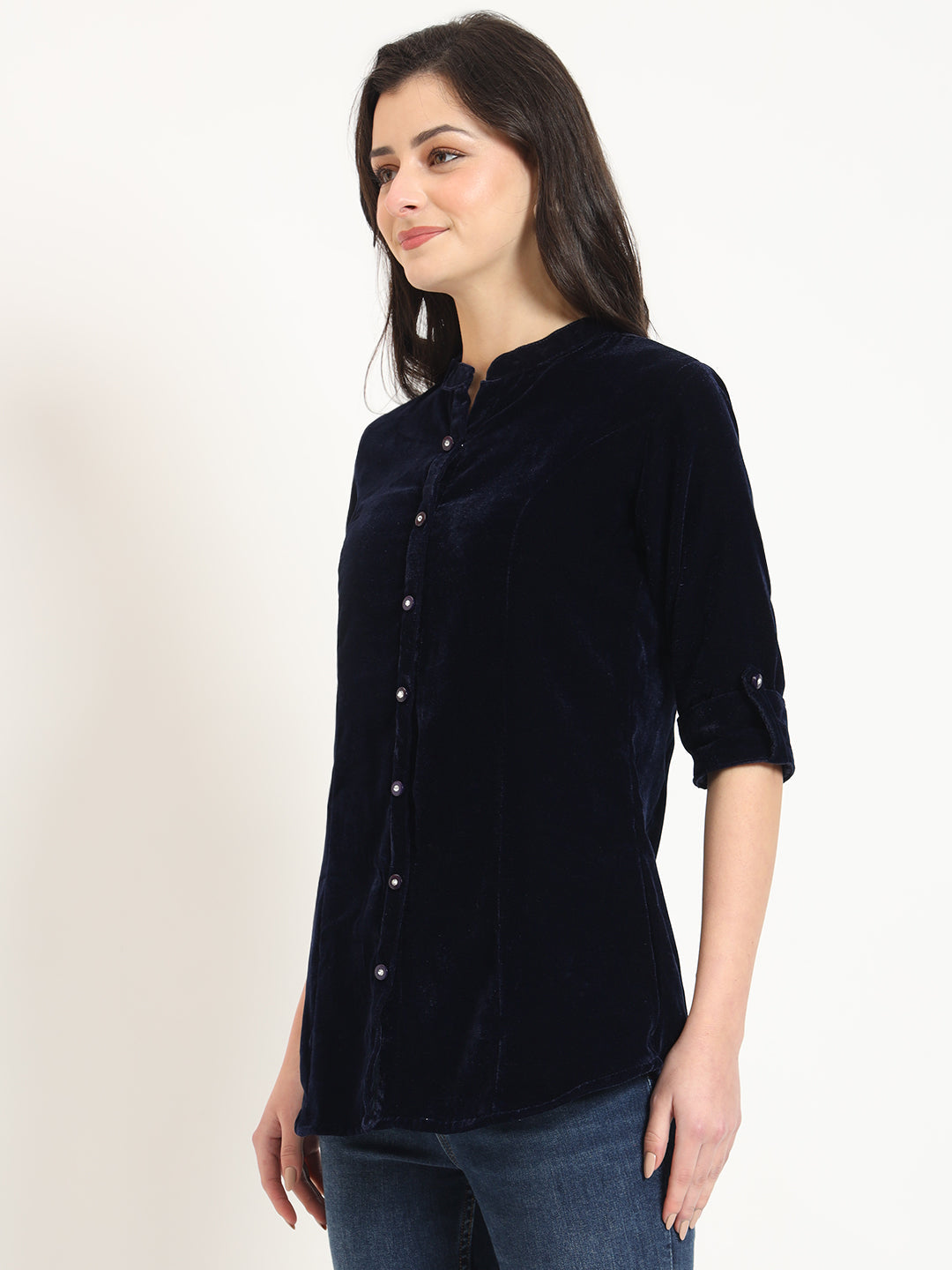 Navy Blue Solid Print Velvet Top