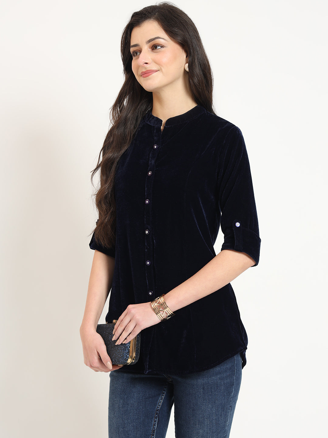Navy Blue Solid Print Velvet Top