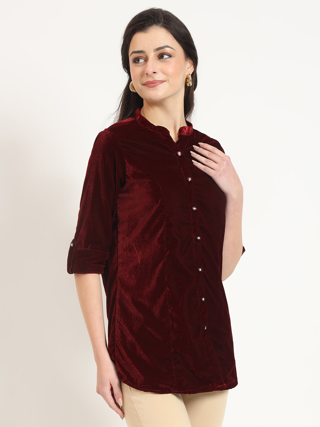 Maroon Solid Print Velvet Straight Top