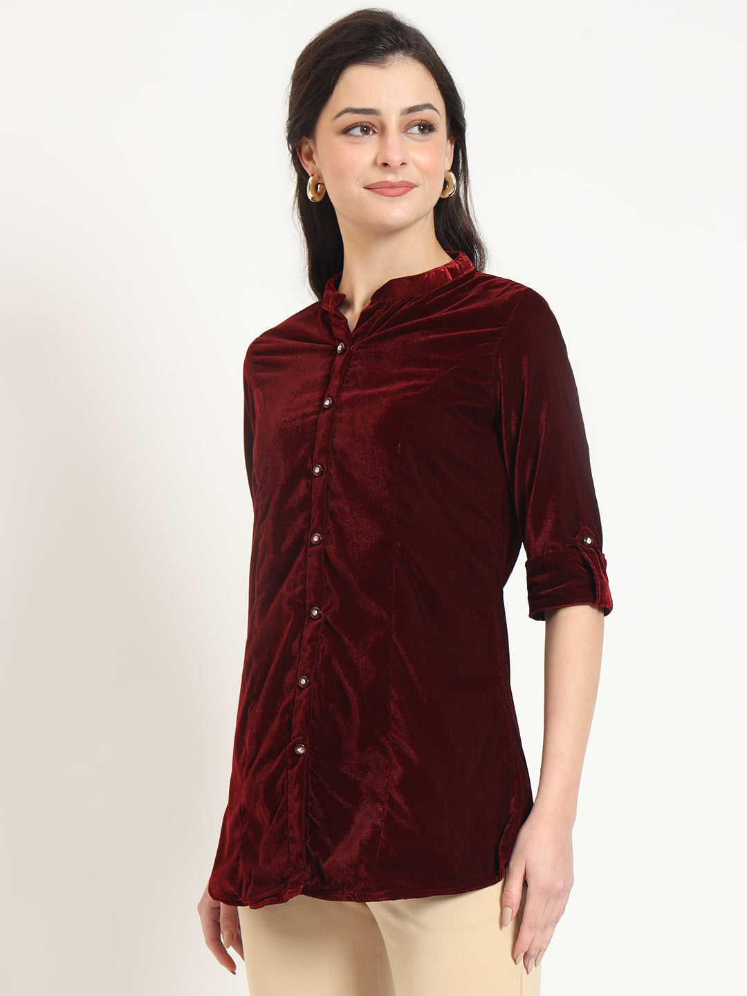 Maroon Solid Print Velvet Straight Top