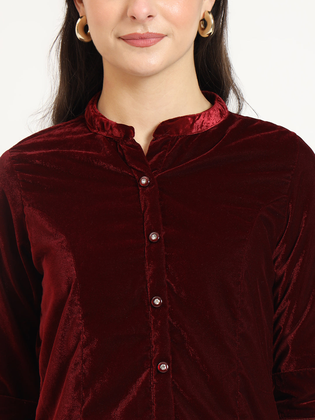 Maroon Solid Print Velvet Straight Top