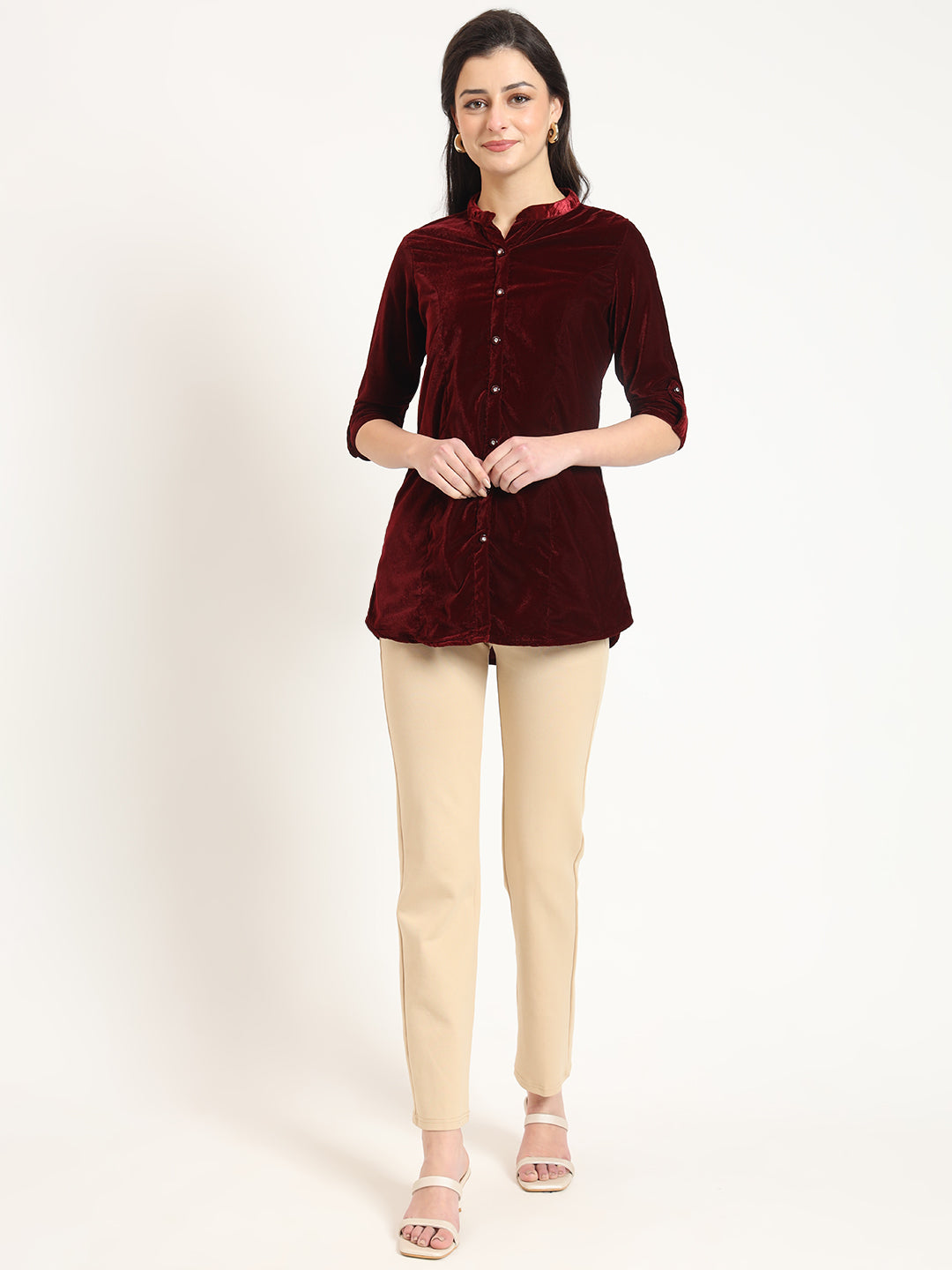 Maroon Solid Print Velvet Straight Top