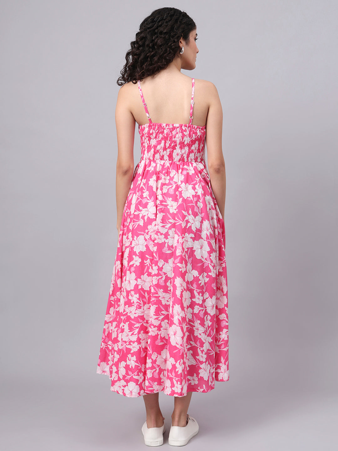 Pink Floral Shoulder Straps Cotton Dress