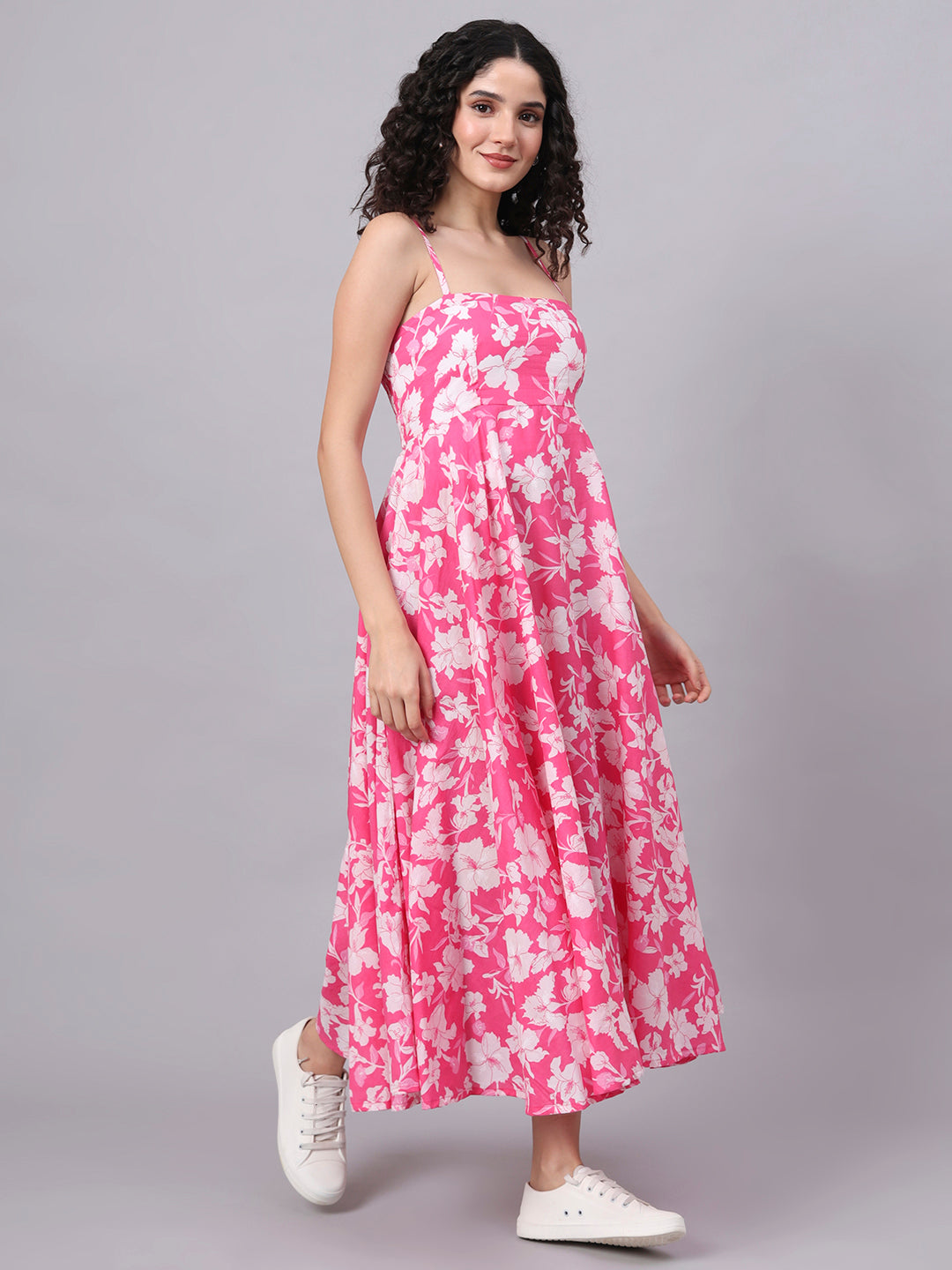Pink Floral Shoulder Straps Cotton Dress