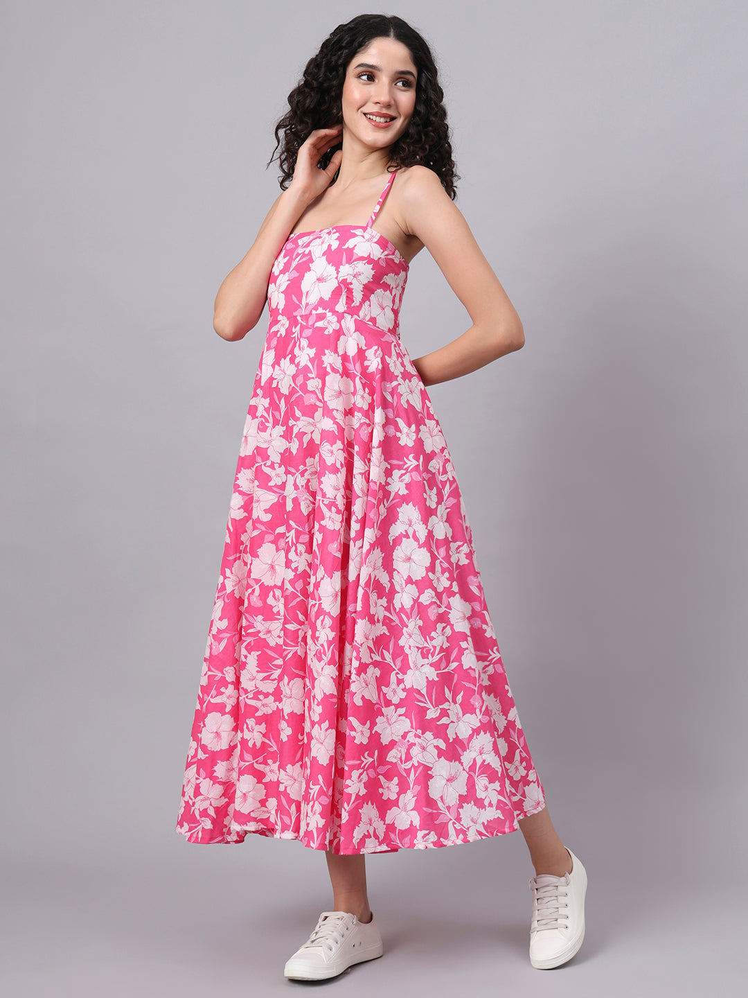 Pink Floral Shoulder Straps Cotton Dress