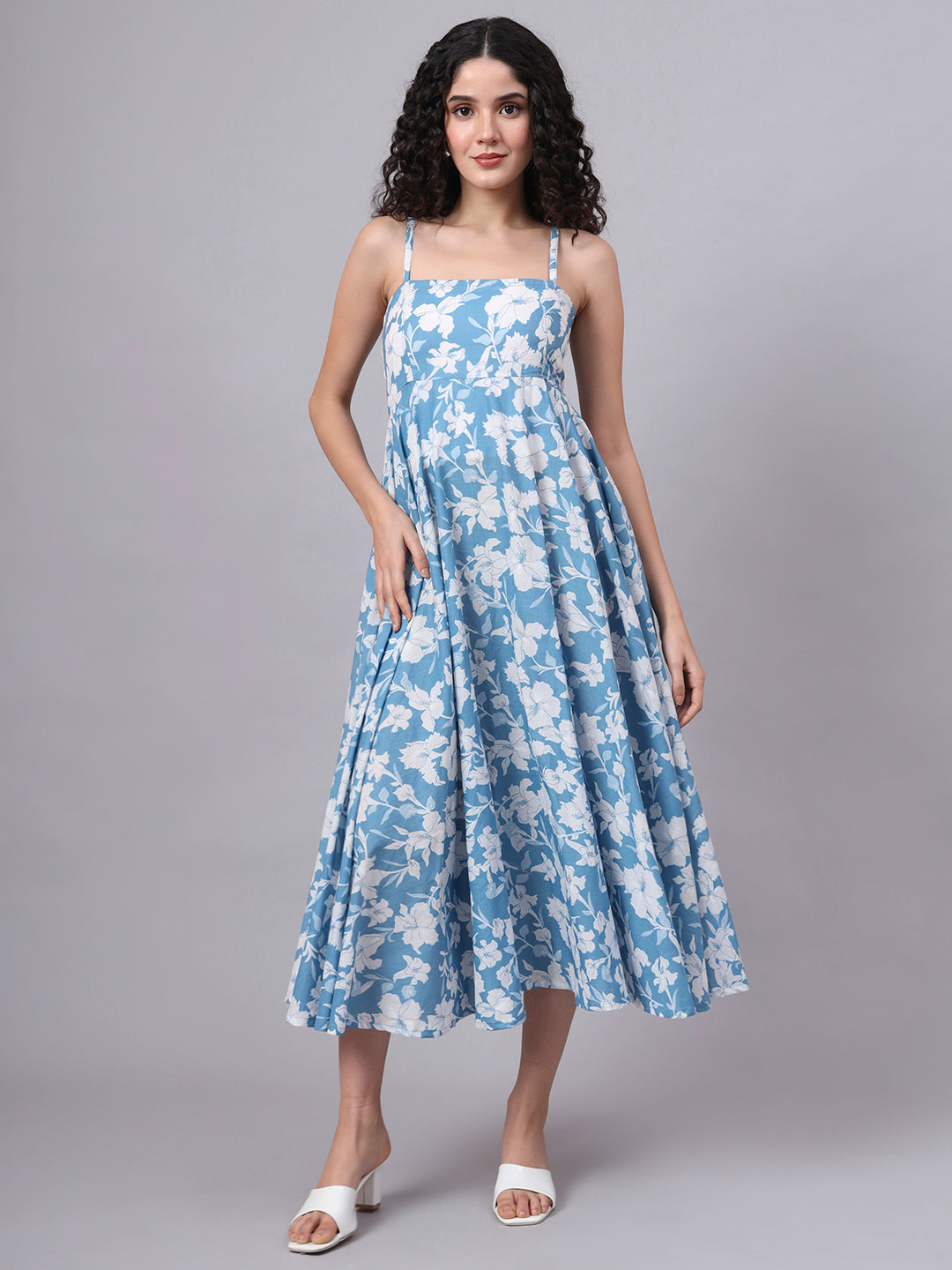 Blue Floral Shoulder Straps Cotton Dress