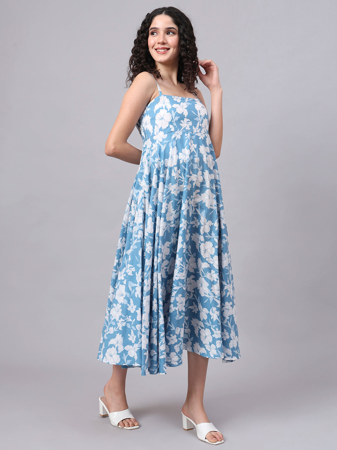 Blue Floral Shoulder Straps Cotton Dress