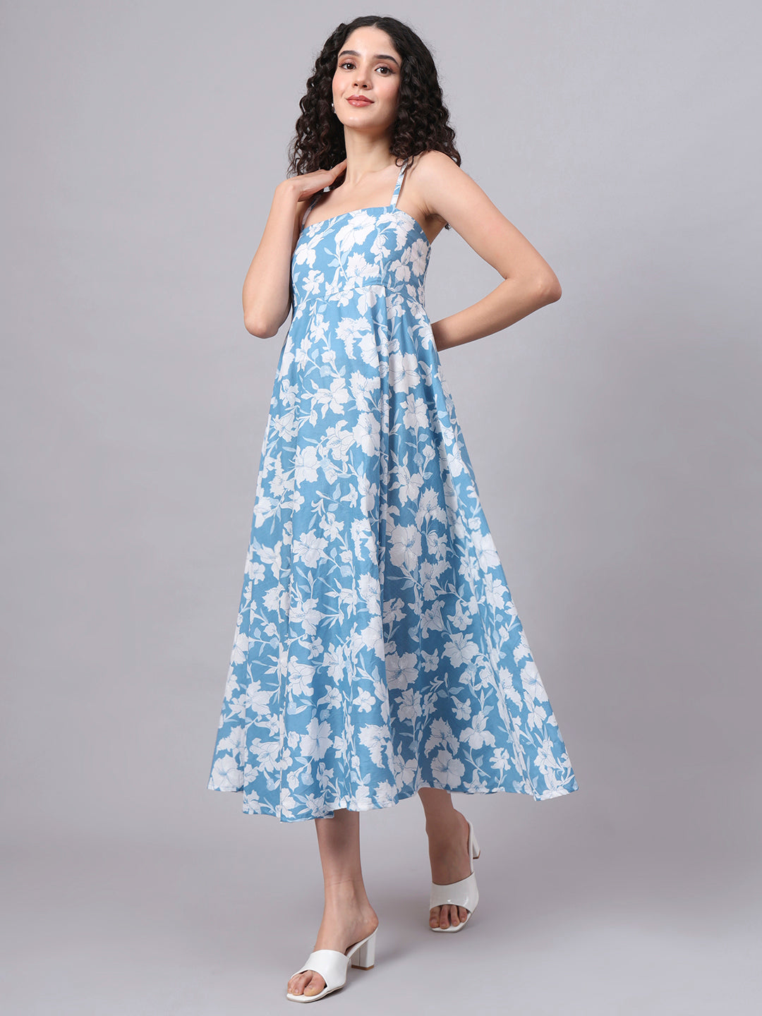 Blue Floral Shoulder Straps Cotton Dress