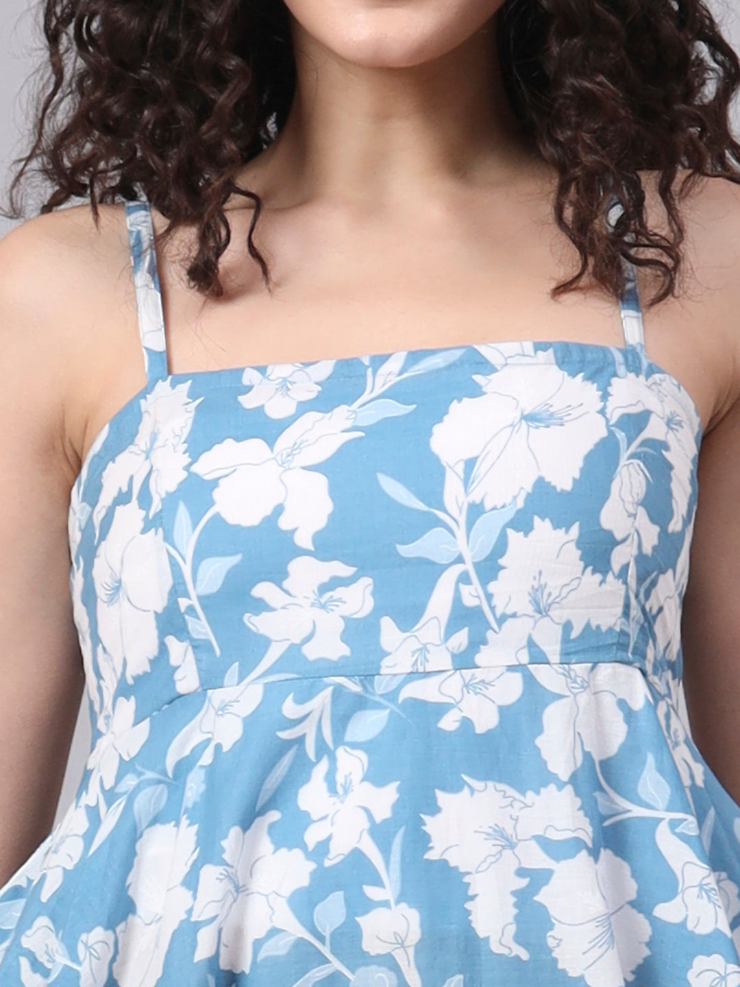 Blue Floral Shoulder Straps Cotton Dress