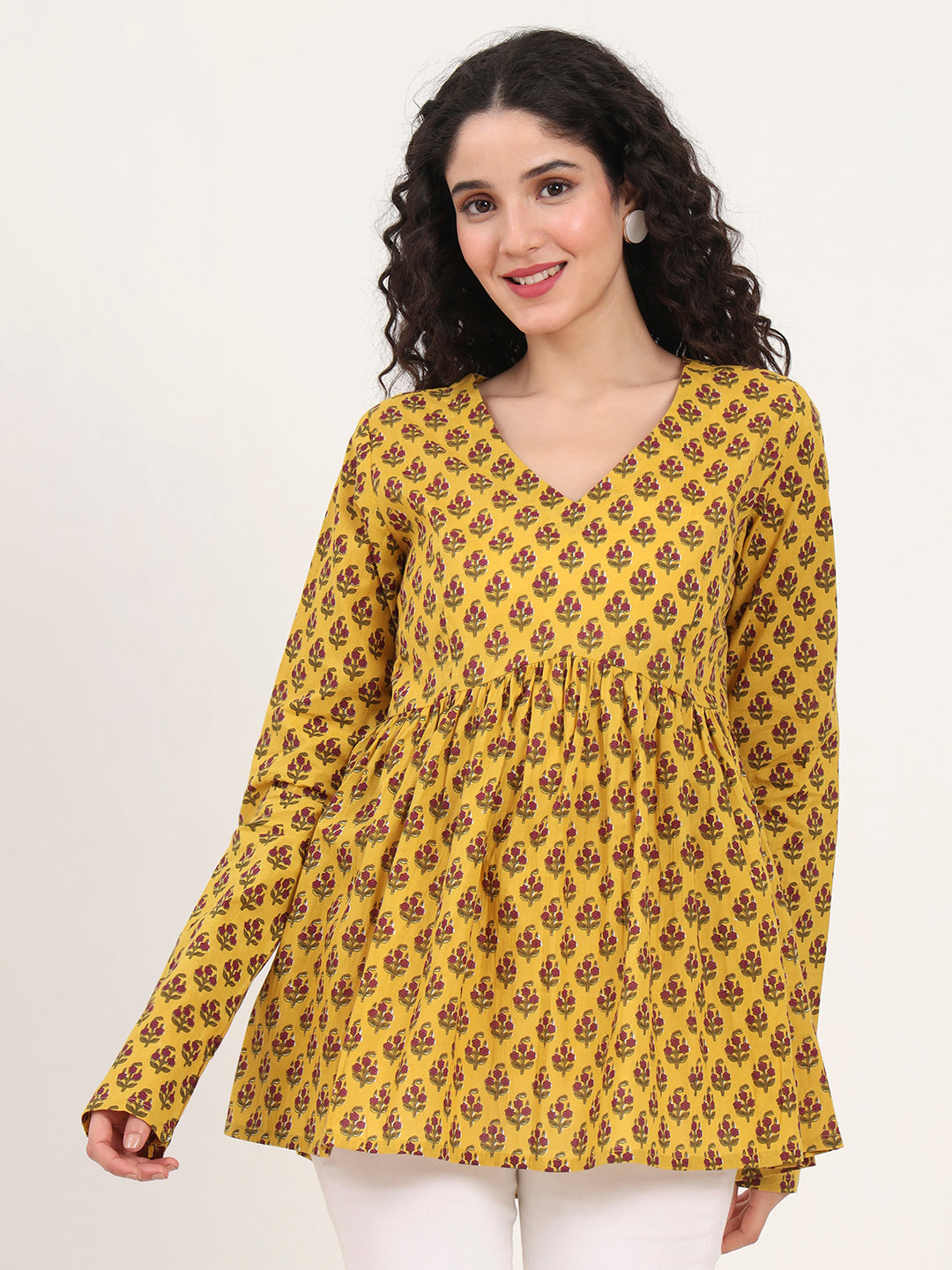 Yellow Floral Printed V Neck Cotton Top