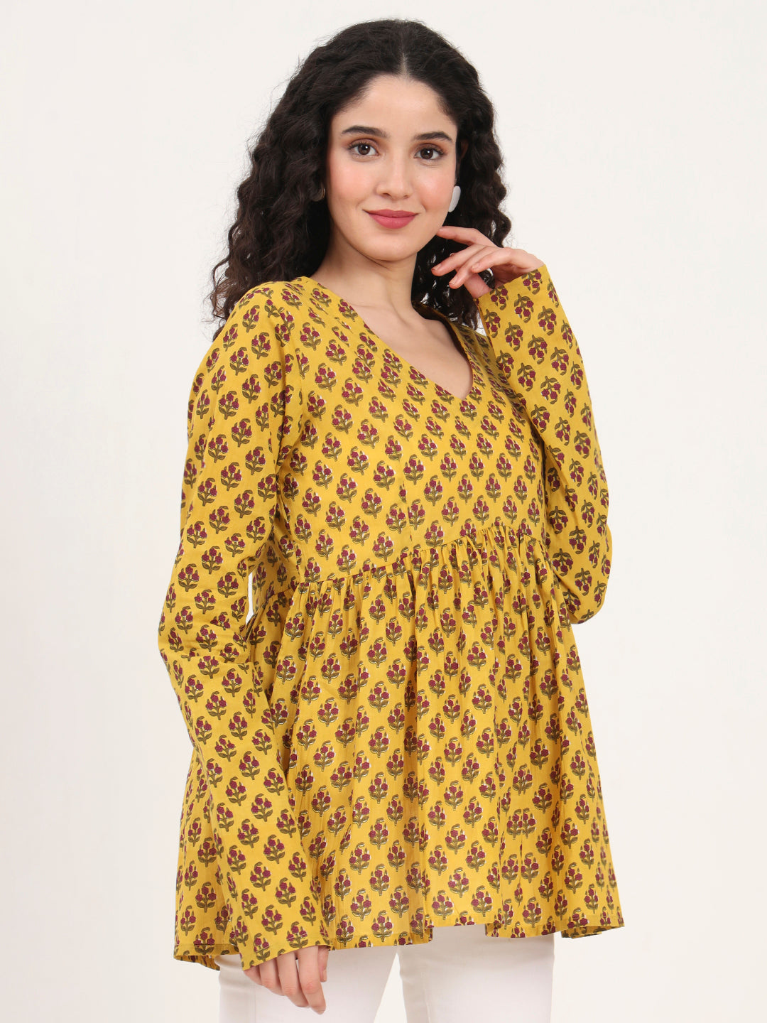 Yellow Floral Printed V Neck Cotton Top