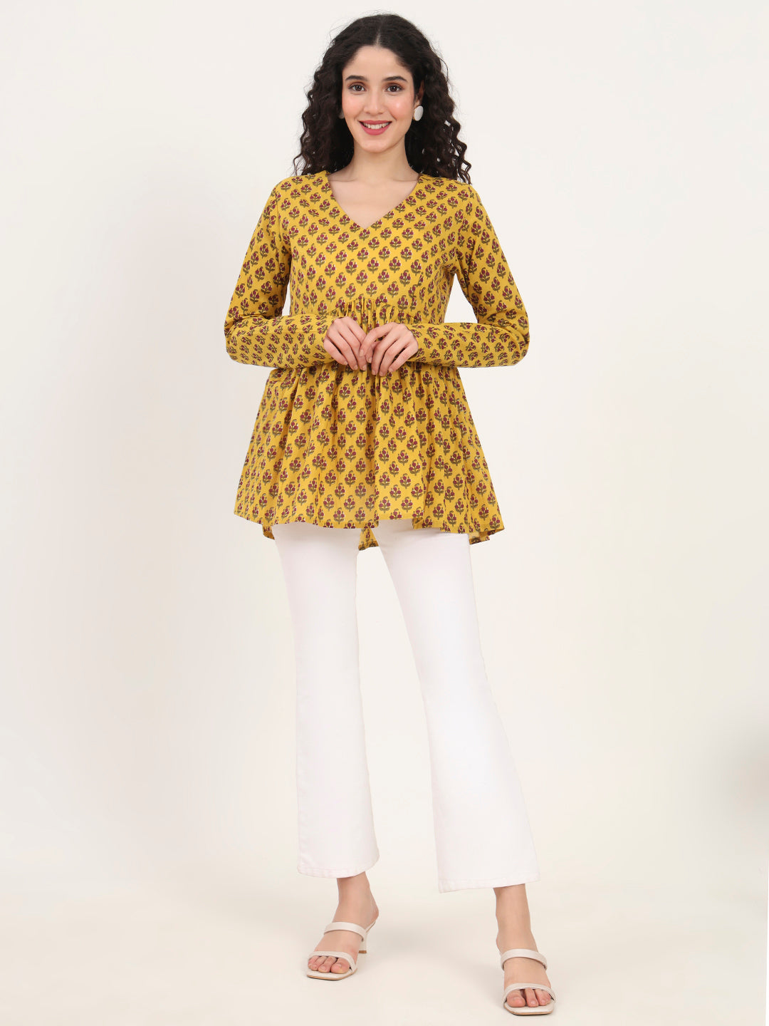 Yellow Floral Printed V Neck Cotton Top