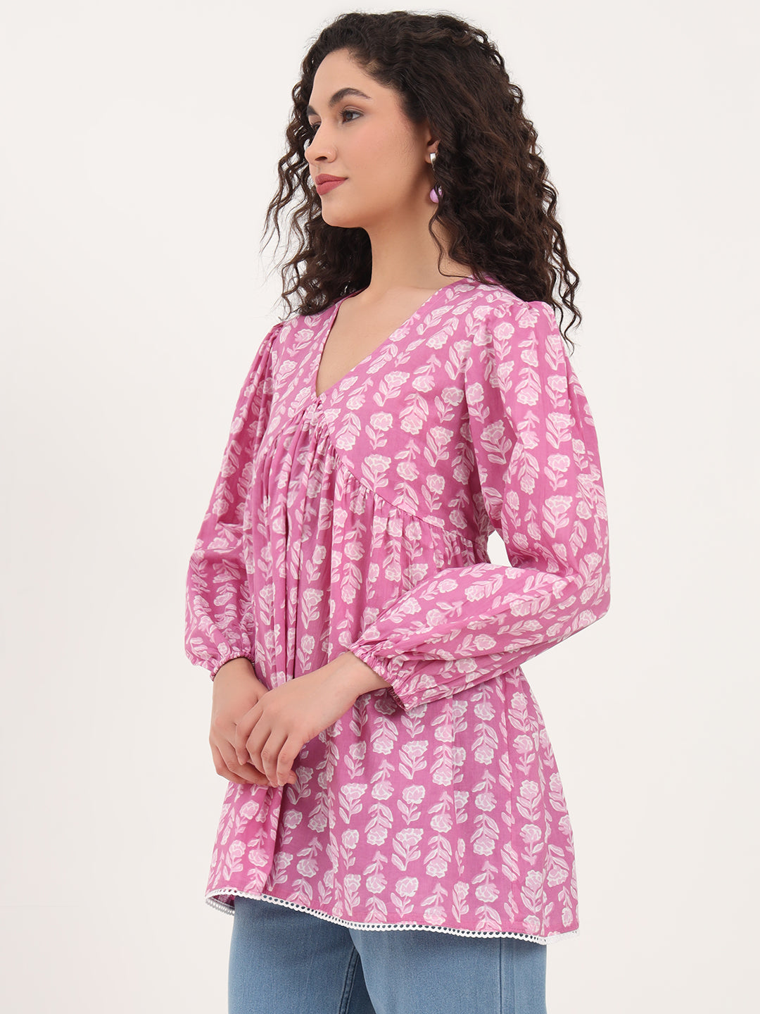 Purple Floral Print Cotton Fabric Regular Peplum Top