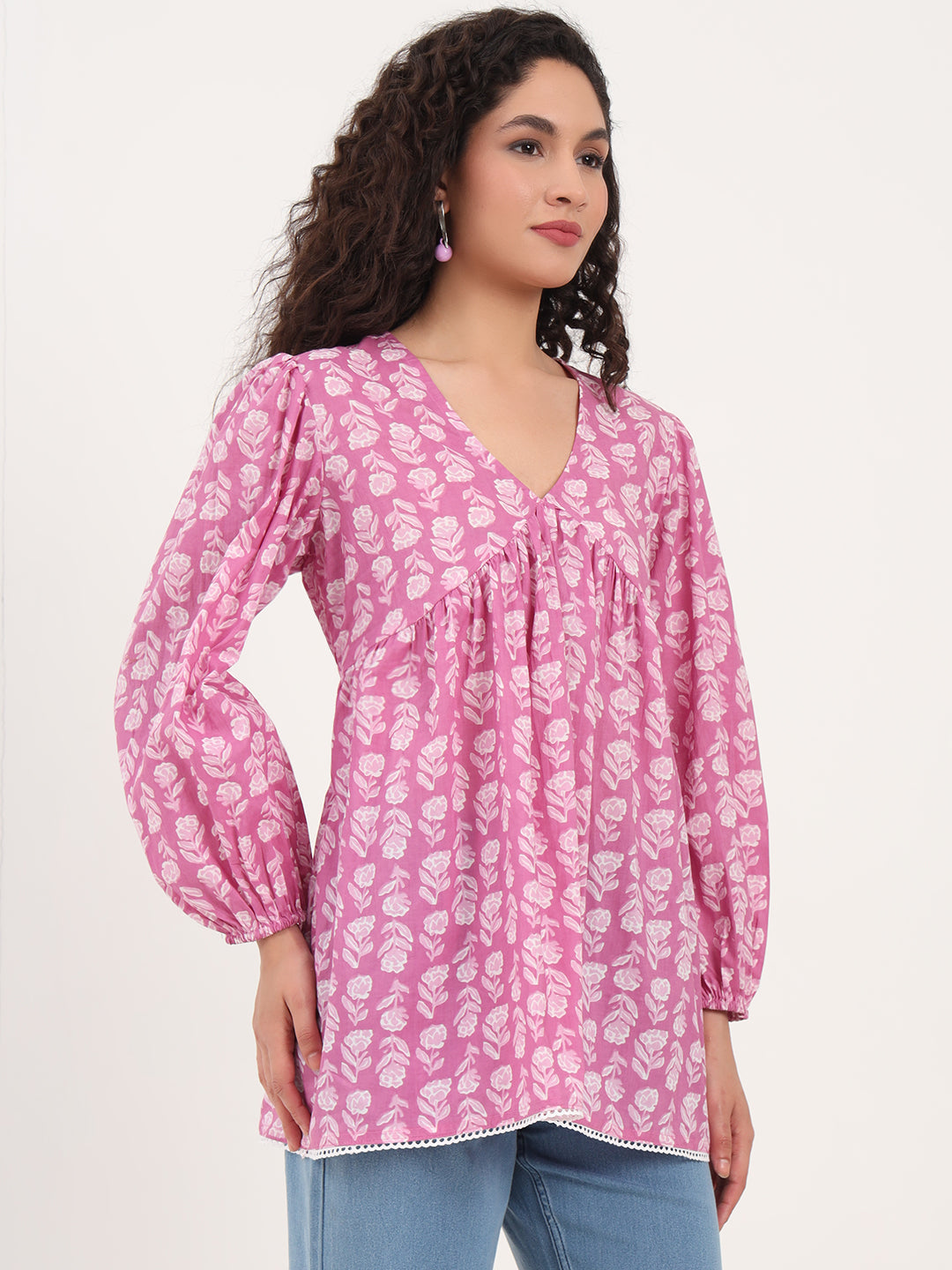 Purple Floral Print Cotton Fabric Regular Peplum Top