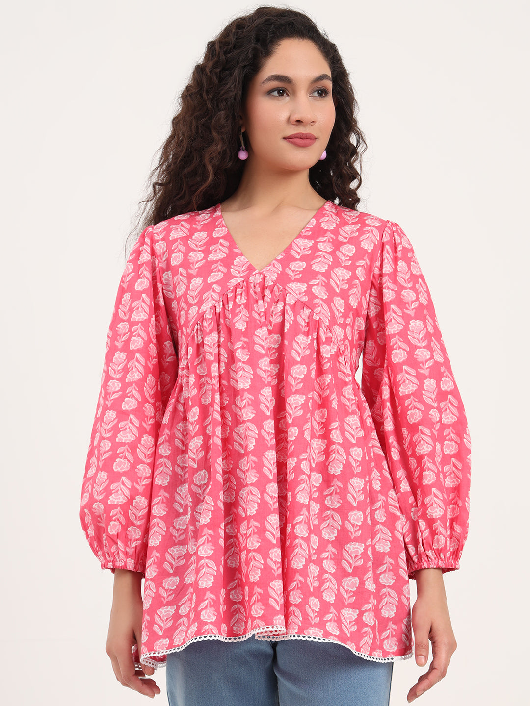 Pink Floral Print Cotton Fabric Regular Peplum Top
